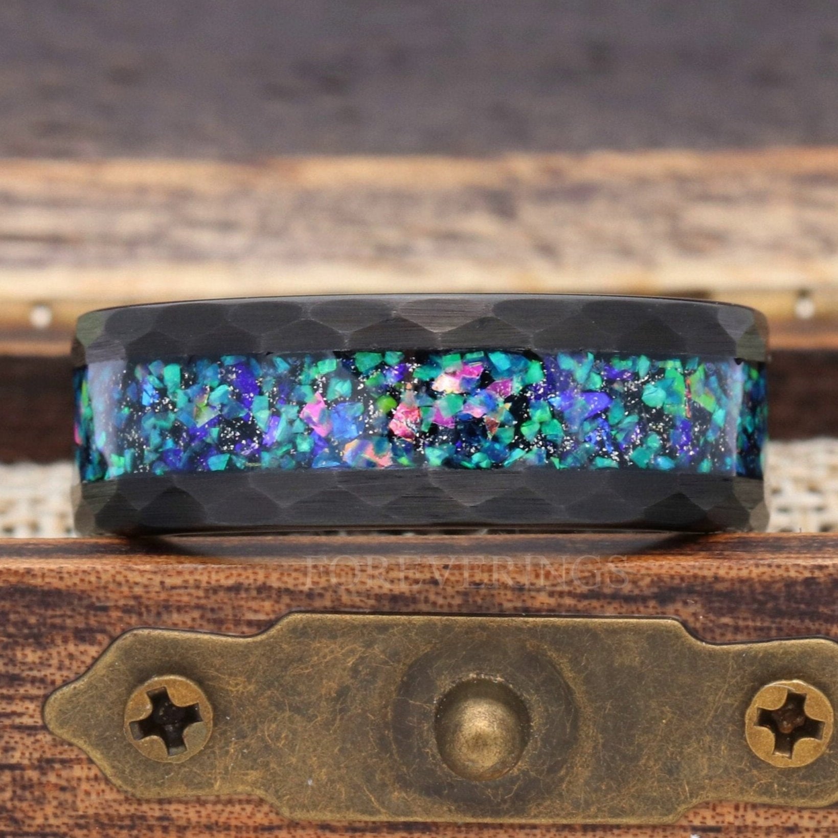 Galaxy Opal Ring, Men Tungsten Wedding Band, 8mm Black Tungsten Ring, Flat, Hammered, Comfort Fit, Birthday Anniversary Gift for Him