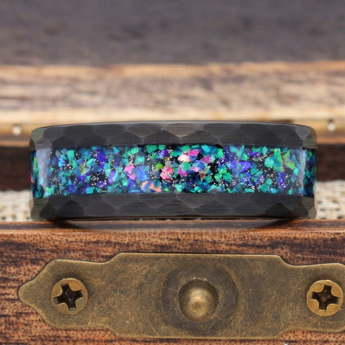 Galaxy Opal Inlay | Men's Hammered Black Tungsten Wedding Band | 8mm