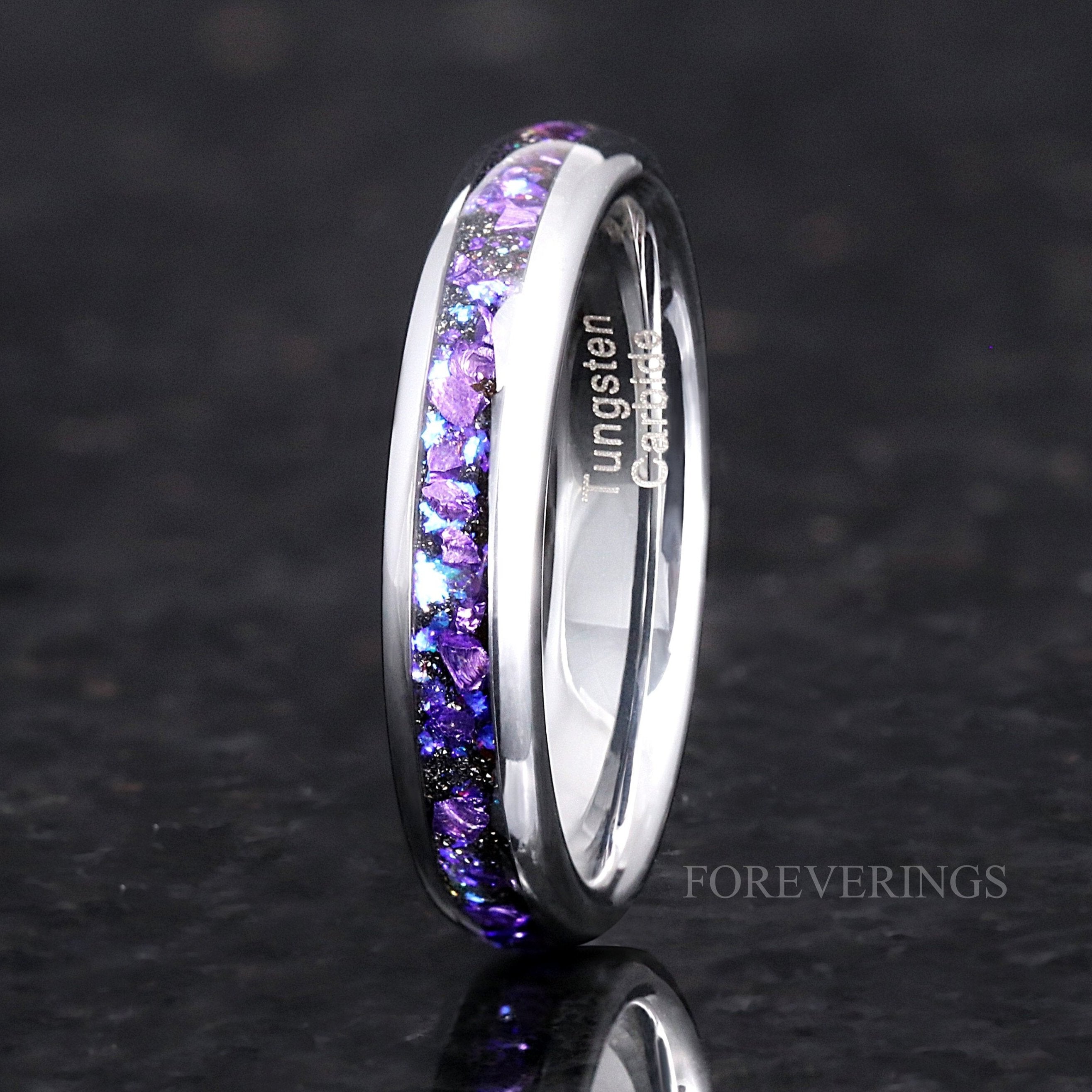 Crab Nebula Ring, Alexandrite Outer Space Ring, 4mm Tungsten Wedding Band, Women Men Ring, Silver Tungsten Ring, Dome, Polish, Comfort Fit