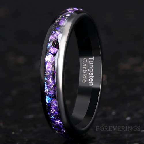 4mm black tungsten ring with crushed alexandrite Crab nebula inlay, standing on edge