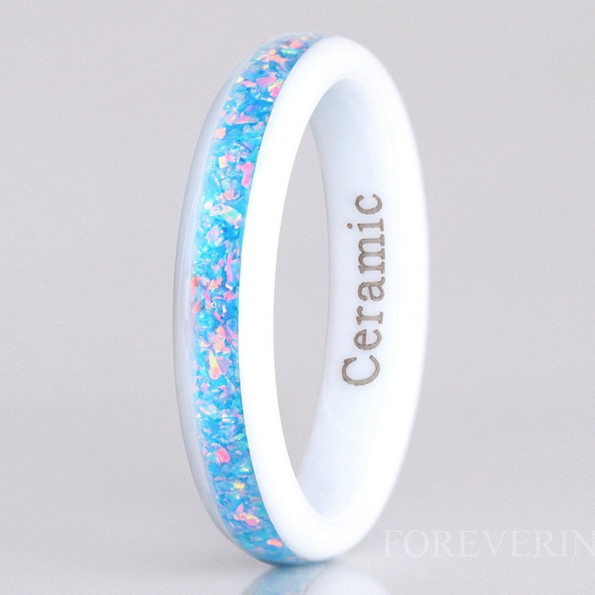 Rainbow Opal Ring, 4mm White Ceramic Wedding Band, Polish, Dome, Comfort Fit, Unique Ring, Men Women Ring, October Birthstone