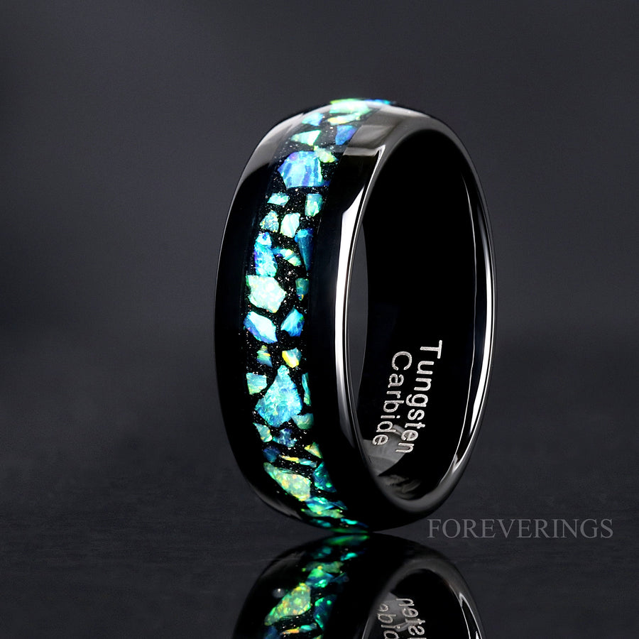 Blue Green Opal Mens Wedding Band | 8mm Nebula Black Tungsten