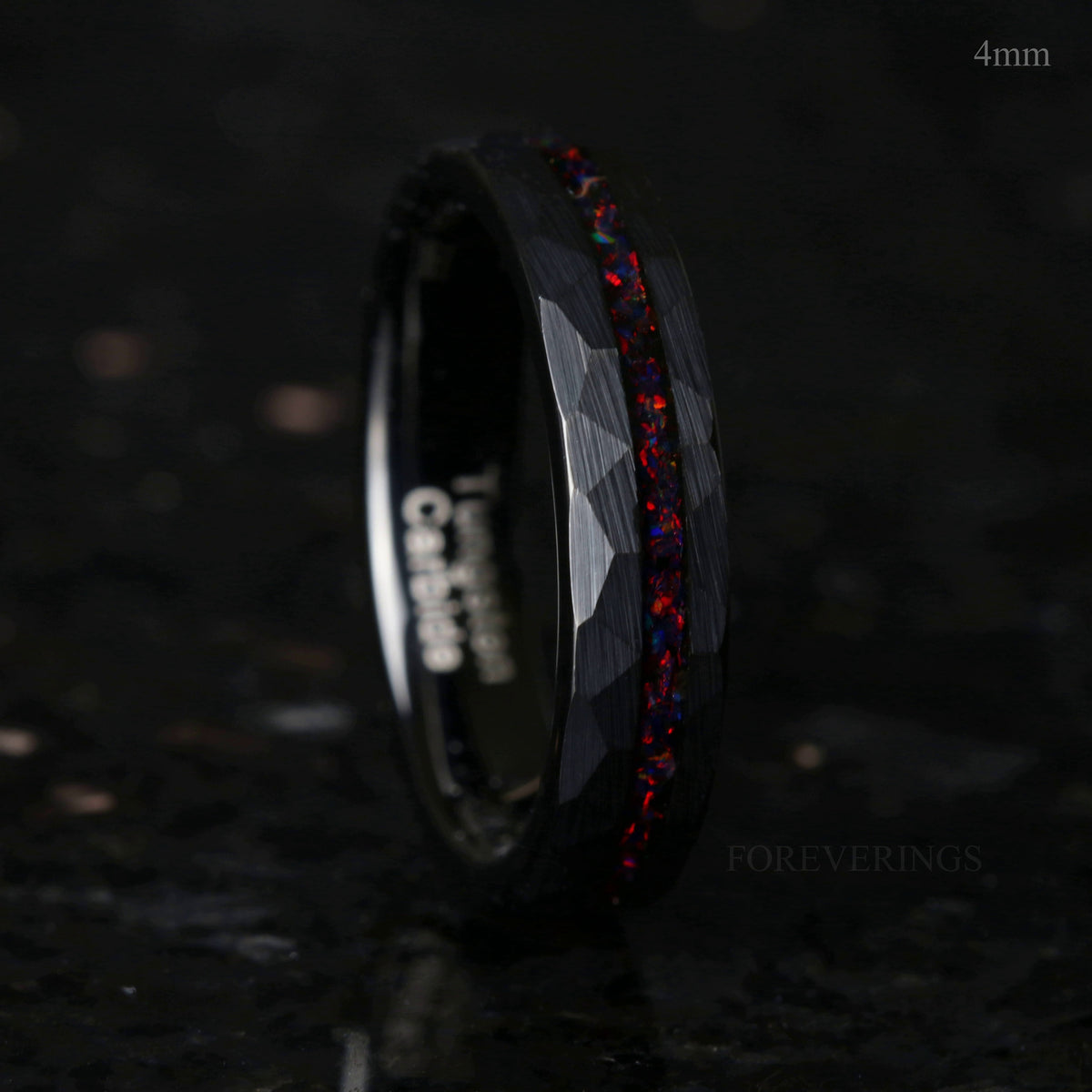 Mens Black Opal Wedding Band | Hammered Black Tungsten Ring