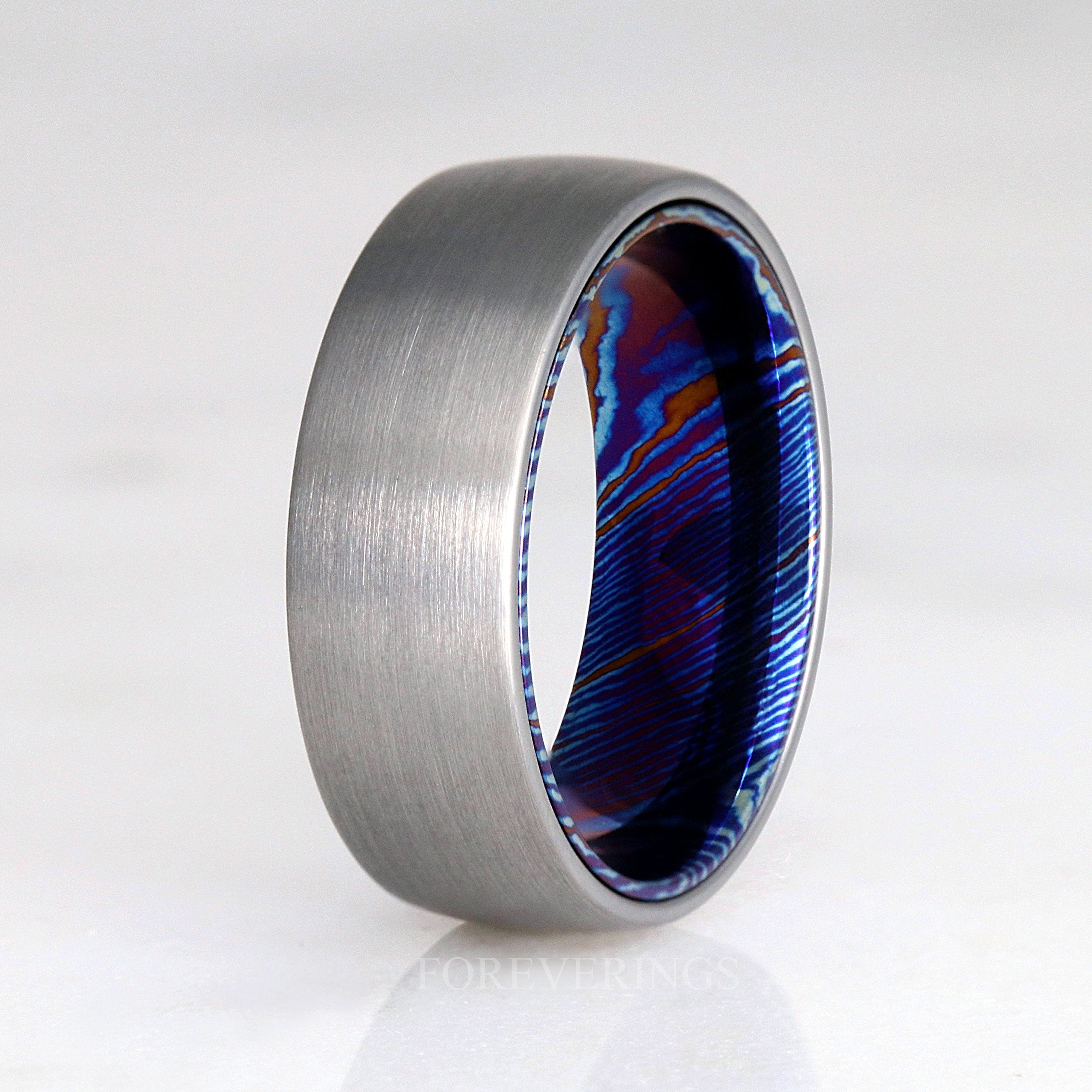 Timascus Simple and Unique Man Wedding Band, Silver Tungsten, 8mm Man Blue Ring, Promise Ring for Him, Matte Brushed, Dome, Ring Engraving