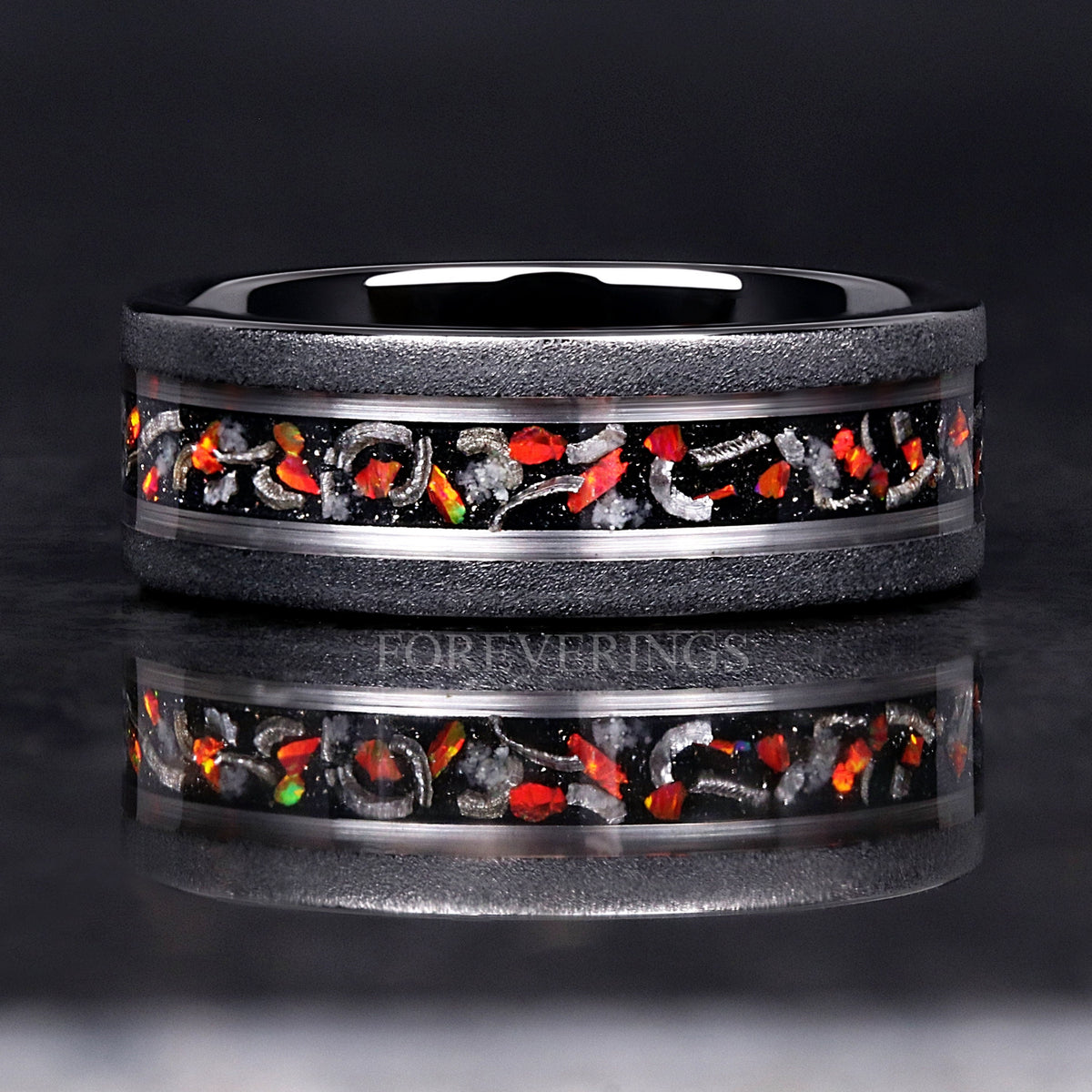 Glow Stone Meteorite Red Opal Ring | Men's Black Tungsten Wedding Band