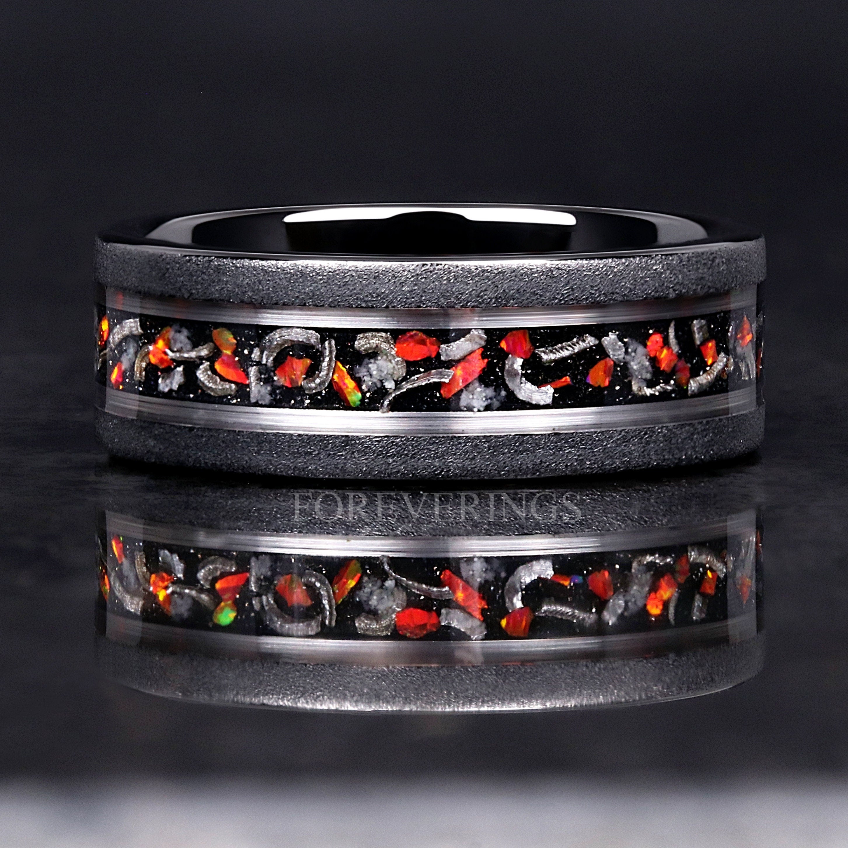 Glow Meteorite Galaxy Red Opal Ring, Man Glow in the Dark Wedding Band, 8mm Black Tungsten Ring, Sandblasted Two Tone Black and Silver Strip