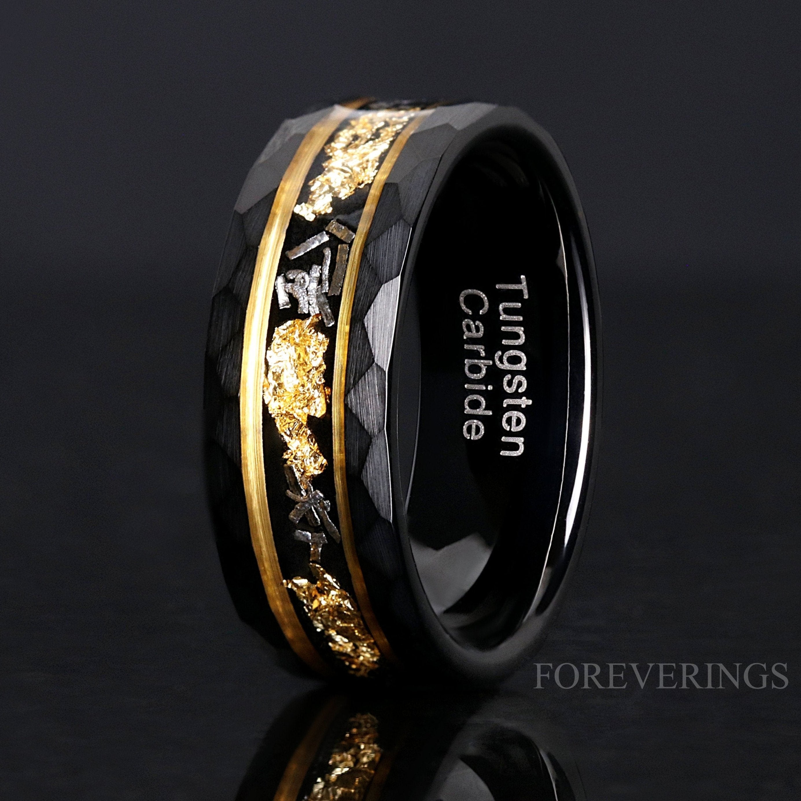 Meteorite Gold Leaf Ring, Mens Hammered Two Tone Band, Black Gold Accent Tungsten Ring, 8mm Mens Wedding Band, Unique Real Meteorite Ring