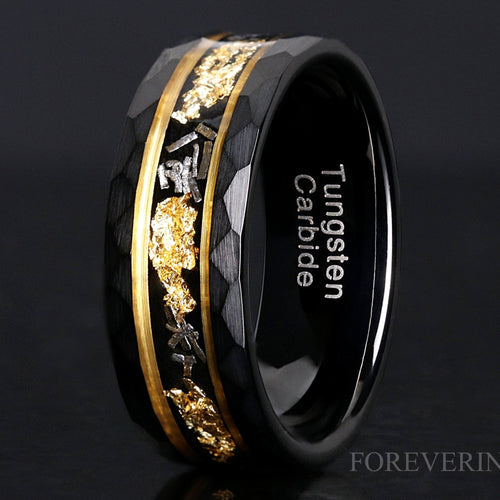 Meteorite Gold Leaf Ring, Mens Hammered Two Tone Band, Black Gold Accent Tungsten Ring, 8mm Mens Wedding Band, Unique Real Meteorite Ring