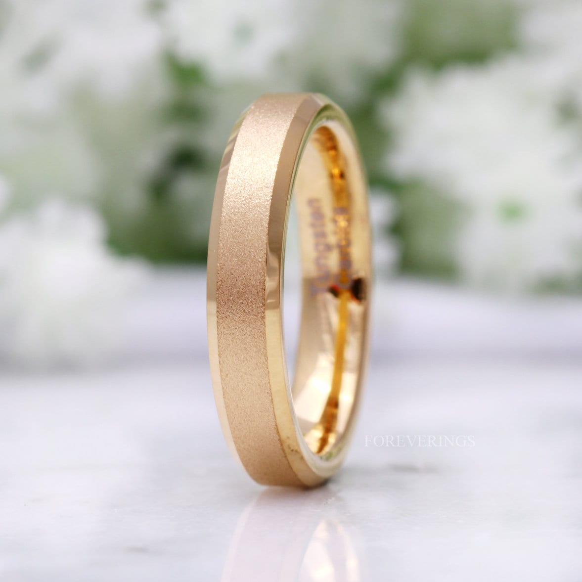 Gold Wedding Band Women, Flat Gold Ring, Gold Sandblasted Ring, Woman Tungsten Ring, Simple Unique Band, Bevel Edge, 4mm Gold Ring, Engrave