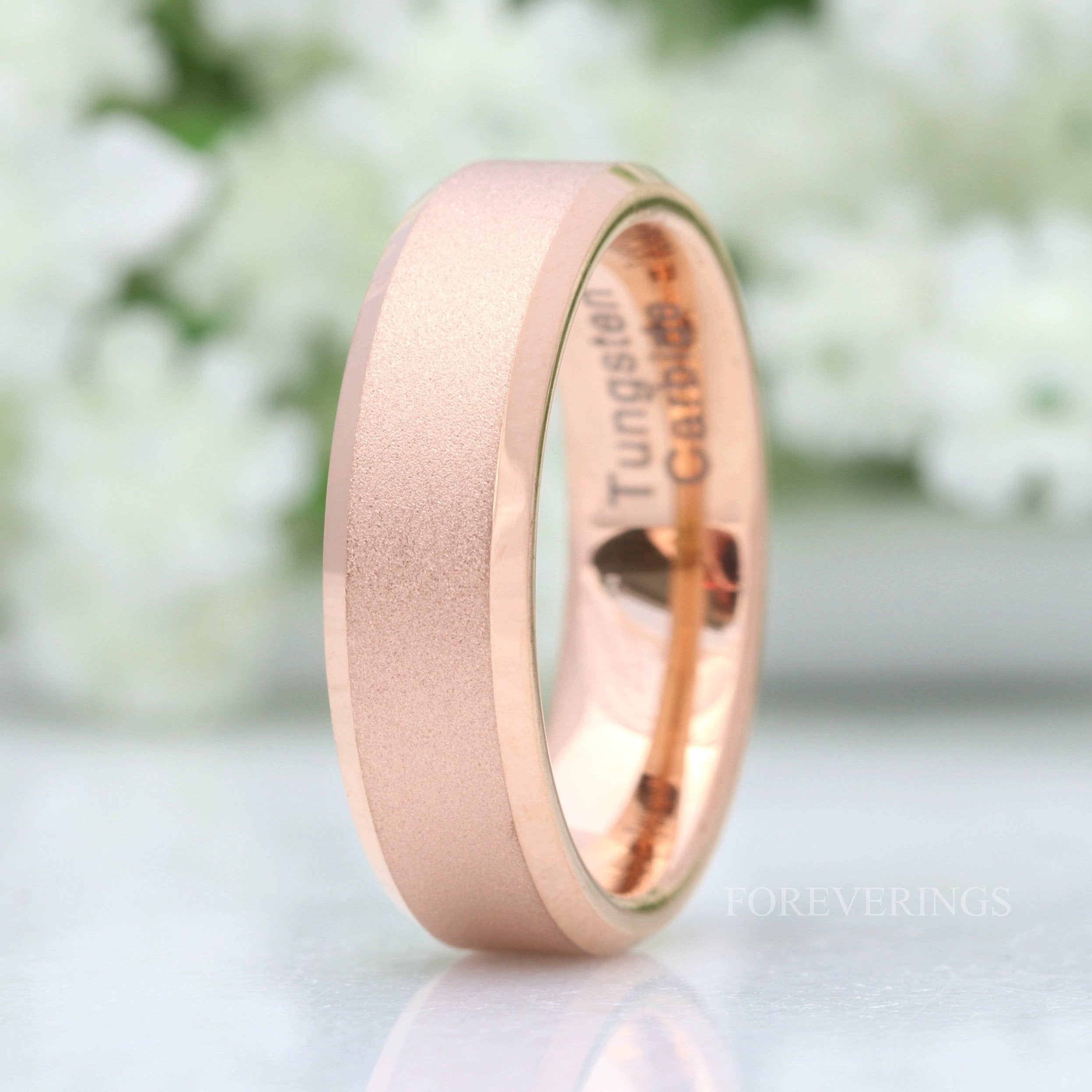 Sandblast Rose Gold Men Women Ring, 6mm Flat Wedding Band, Simple and Unique Custom Engraved Ring