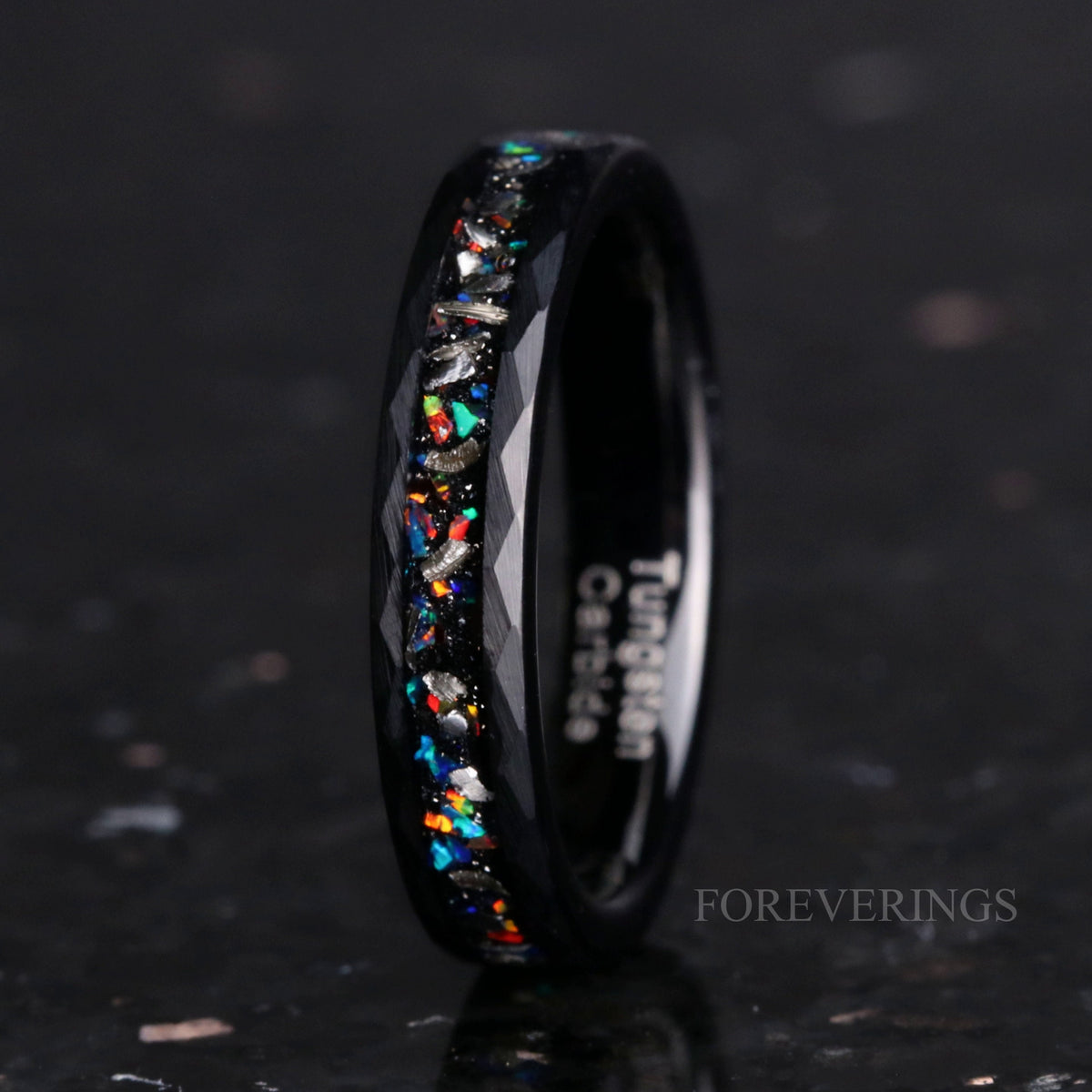 Meteorite Galaxy Opal Wedding Band | Hammered Black Tungsten Ring