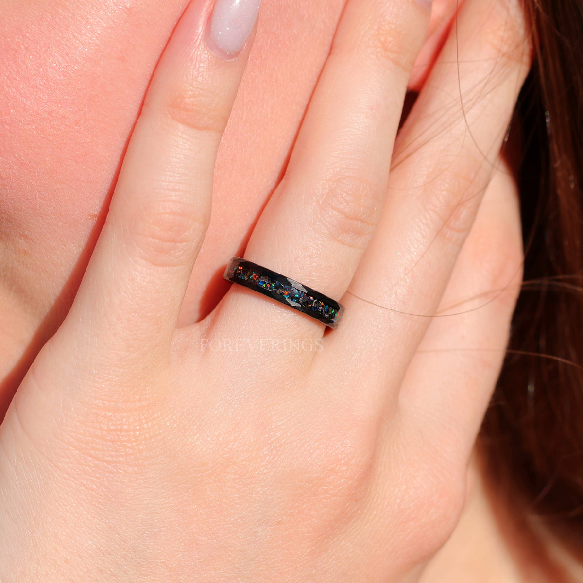 Meteorite Galaxy Opal Wedding Band | Hammered Black Tungsten Ring