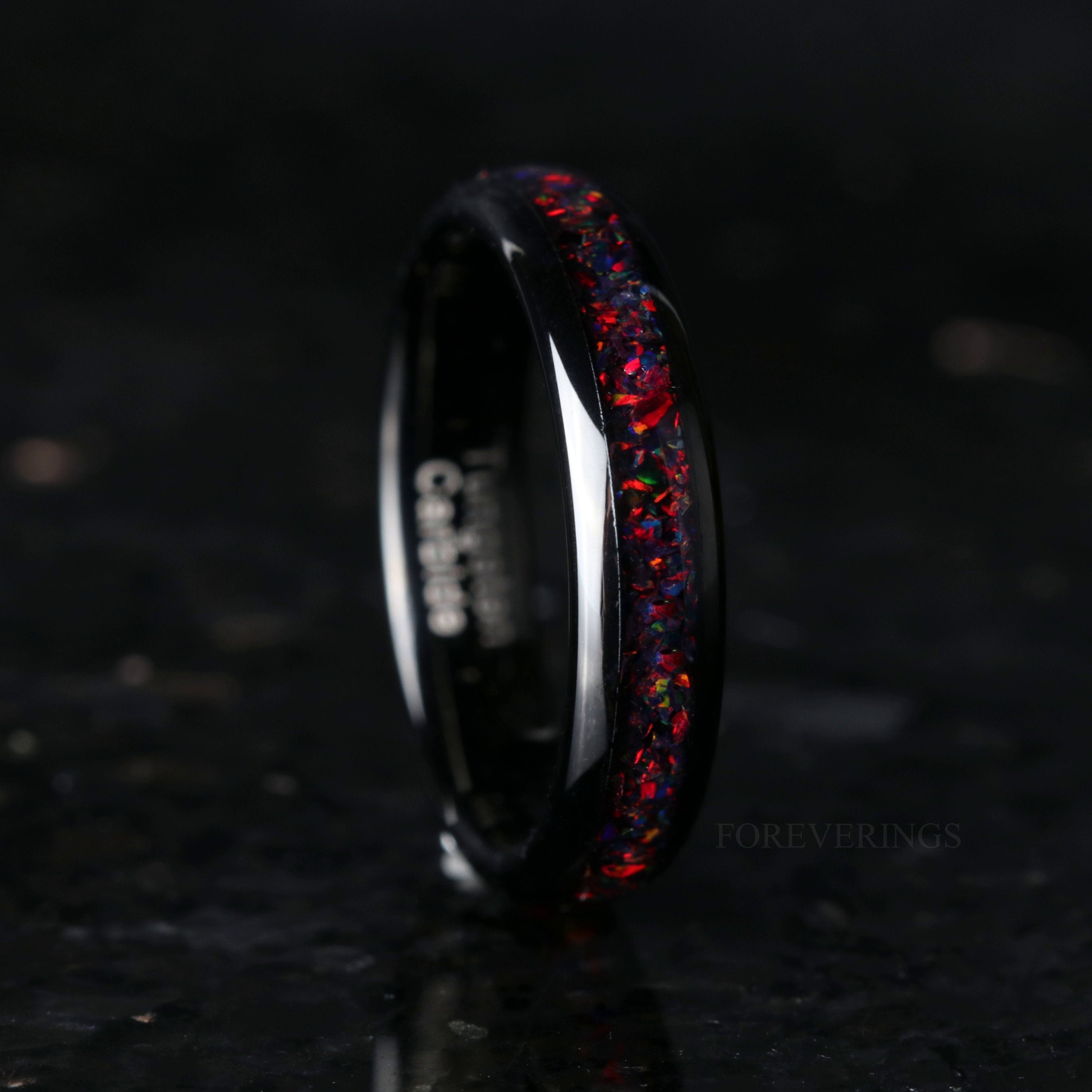 Black Opal Tungsten Ring, Black Wedding Band, 8mm-6mm-4mm, Man Woman Band, Black Fire Opal, Polished, Dome, Black and Red Ring, Engraving