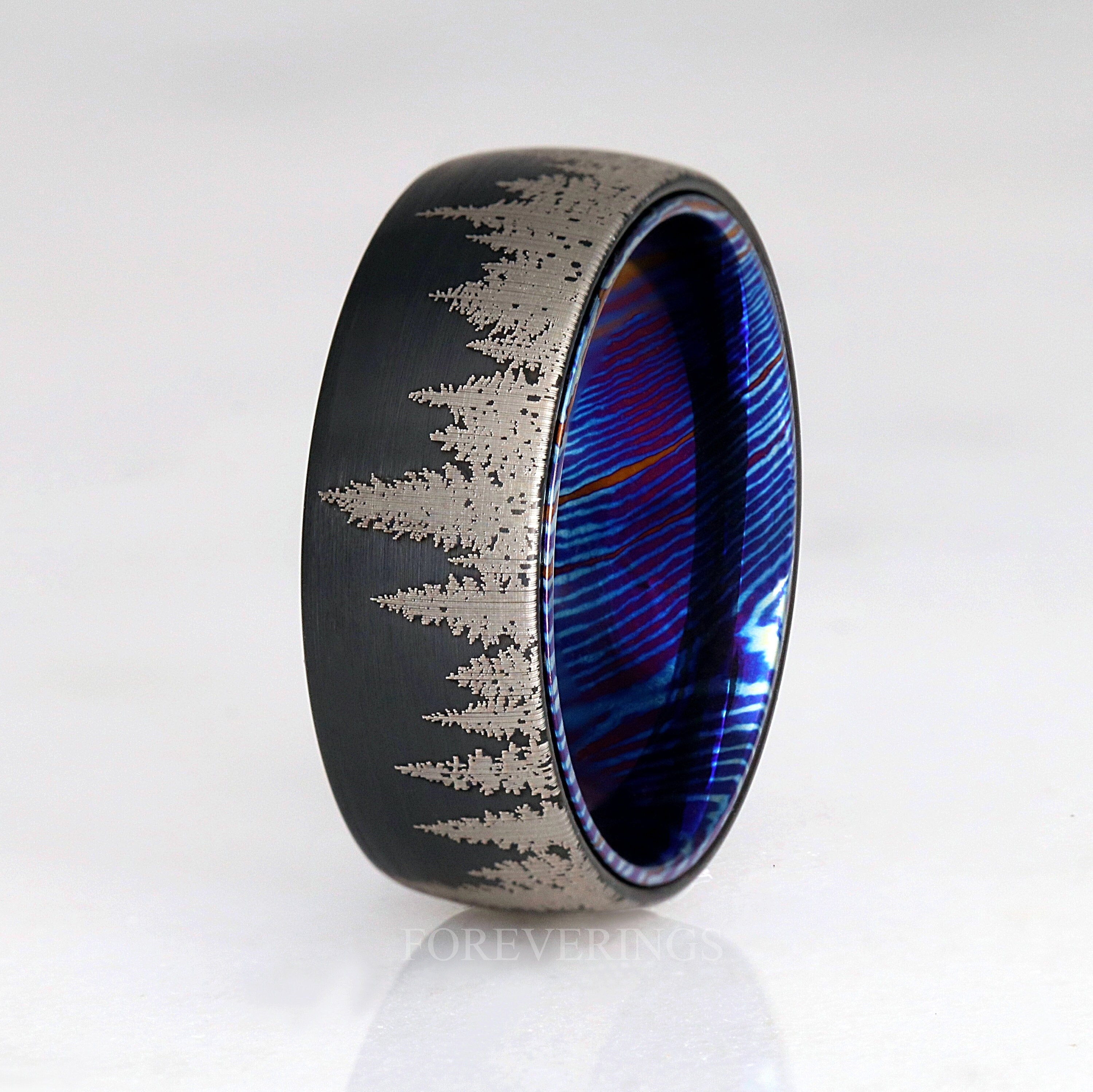 Timascus Black Forest Tree Ring, Black Tungsten, Man Wedding Band, Nature Landscape Ring, Man Anniversary Gift, Engagement Ring, Engraving