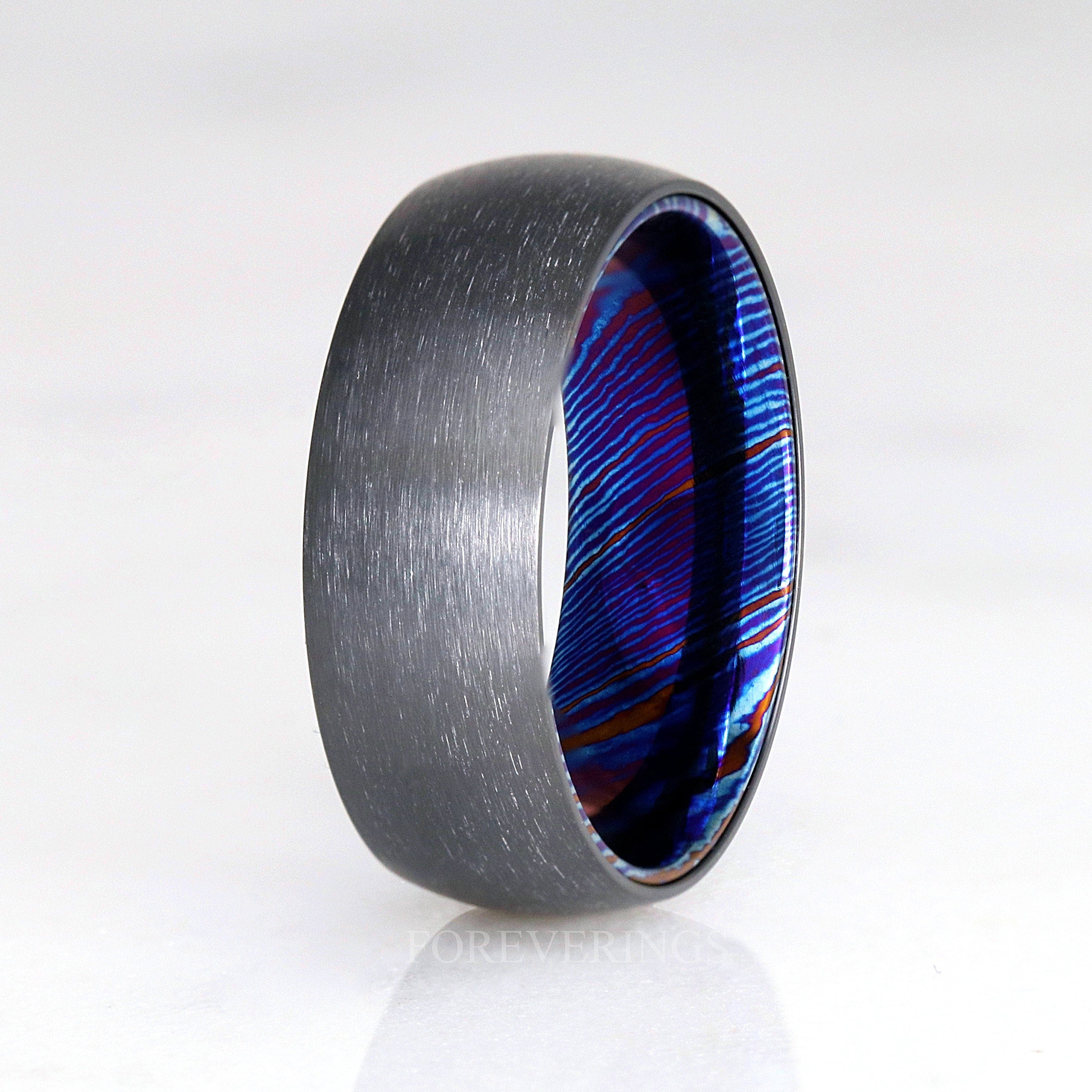 Zirconium and Timascus Ring Man, Wedding Band, Black Ring, Matte Brushed, Smooth, Dome, Comfort Fit, Birthday Anniversary Gift for Him