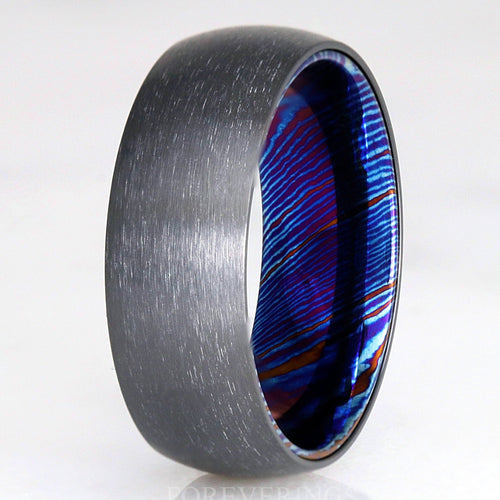 Zirconium and Timascus Ring Man, Wedding Band, Black Ring, Matte Brushed, Smooth, Dome, Comfort Fit, Birthday Anniversary Gift for Him