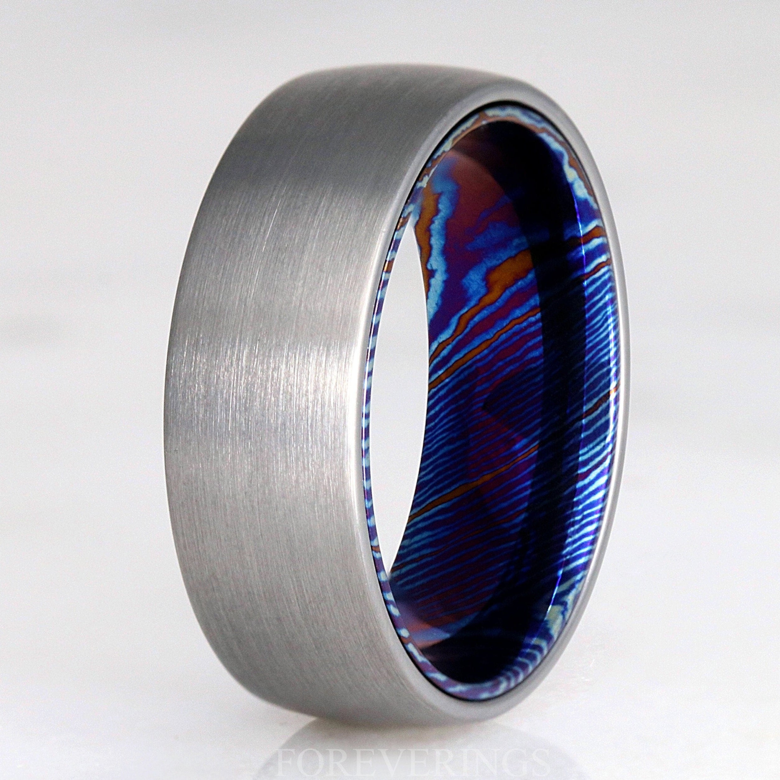 Timascus Simple and Unique Man Wedding Band, Silver Tungsten, 8mm Man Blue Ring, Promise Ring for Him, Matte Brushed, Dome, Ring Engraving