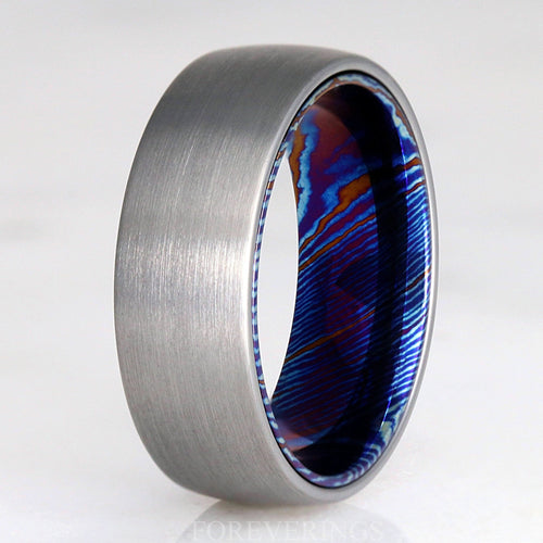 Timascus Simple and Unique Man Wedding Band, Silver Tungsten, 8mm Man Blue Ring, Promise Ring for Him, Matte Brushed, Dome, Ring Engraving