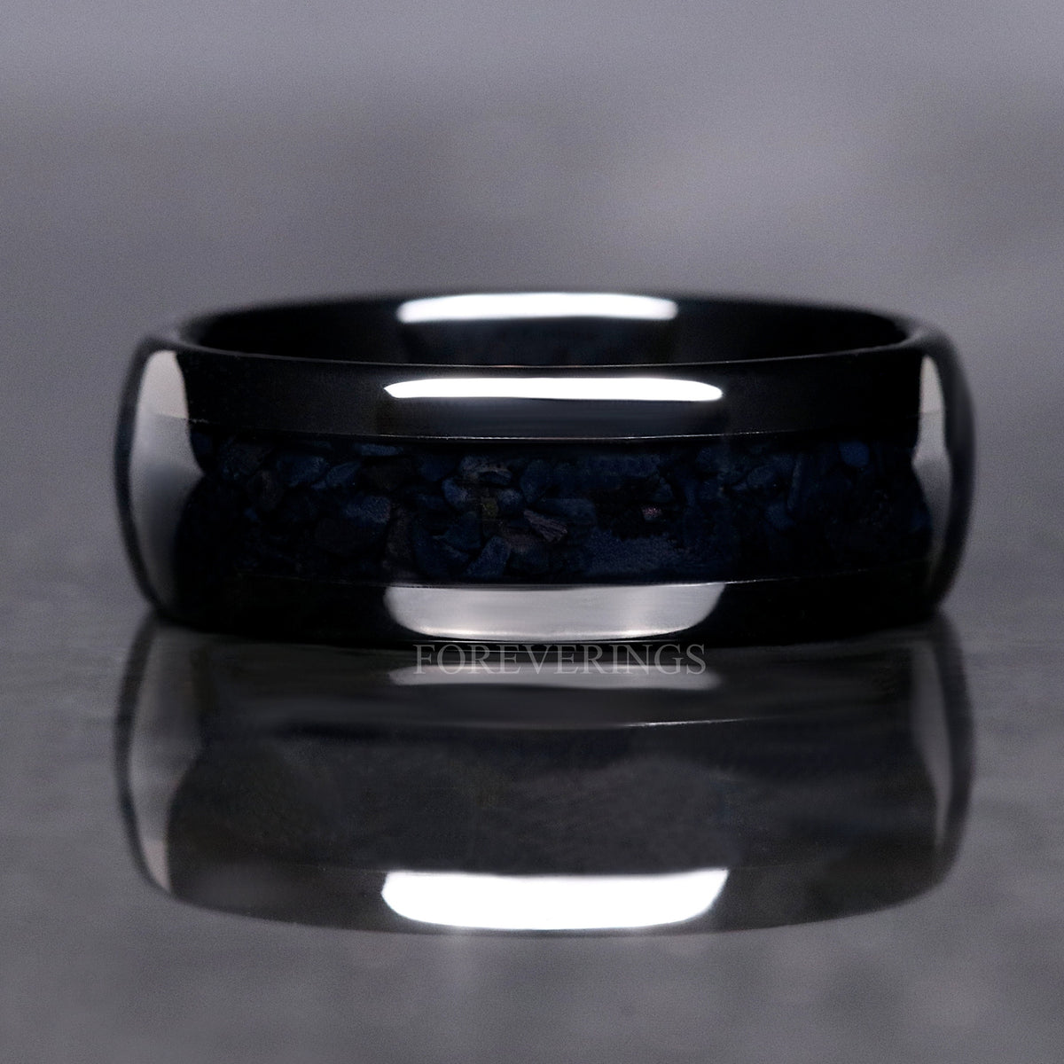 Black Onyx Modern Mens Wedding Band, 8mm Black Tungsten Ring, Crushed Black Onyx Ring, Polished, Dome, Unique Wedding Band, Ring Engraving