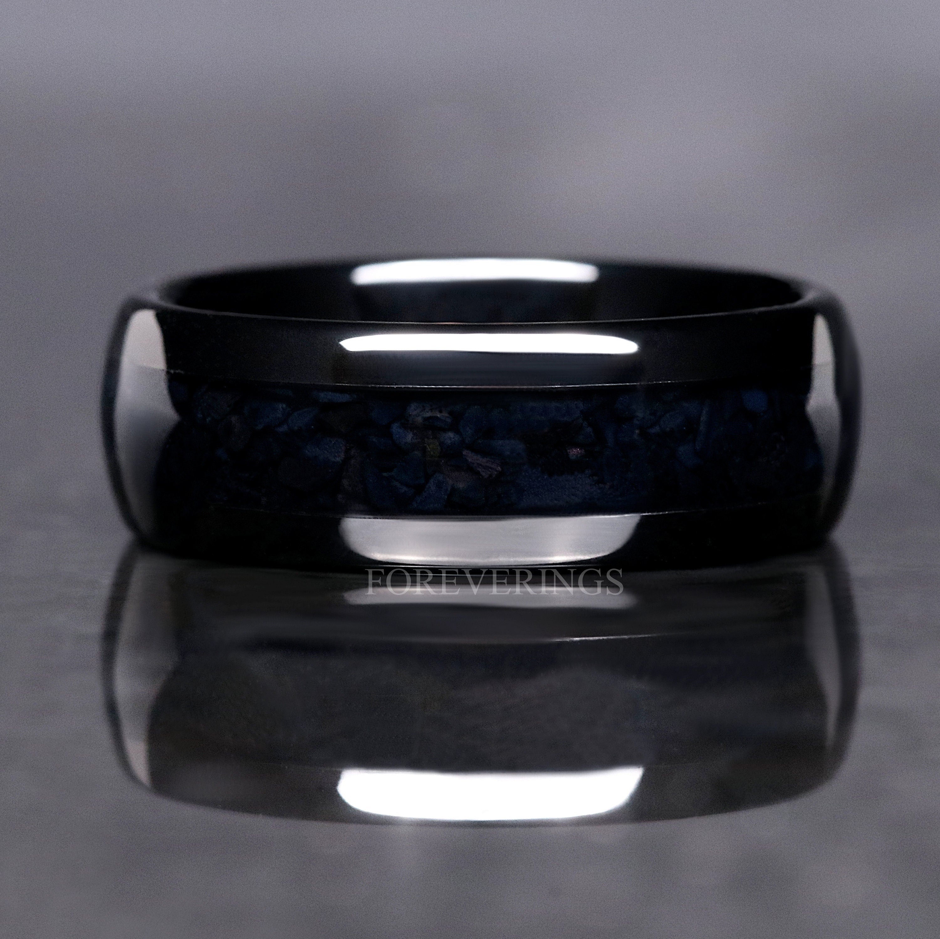 Black Onyx Modern Mens Wedding Band, 8mm Black Tungsten Ring, Crushed Black Onyx Ring, Polished, Dome, Unique Wedding Band, Ring Engraving