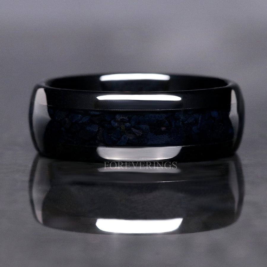 Black Onyx Modern Mens Wedding Band, 8mm Black Tungsten Ring, Crushed Black Onyx Ring, Polished, Dome, Unique Wedding Band, Ring Engraving