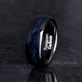 Men's 8mm black tungsten band with black onyx inlay, standing on edge
