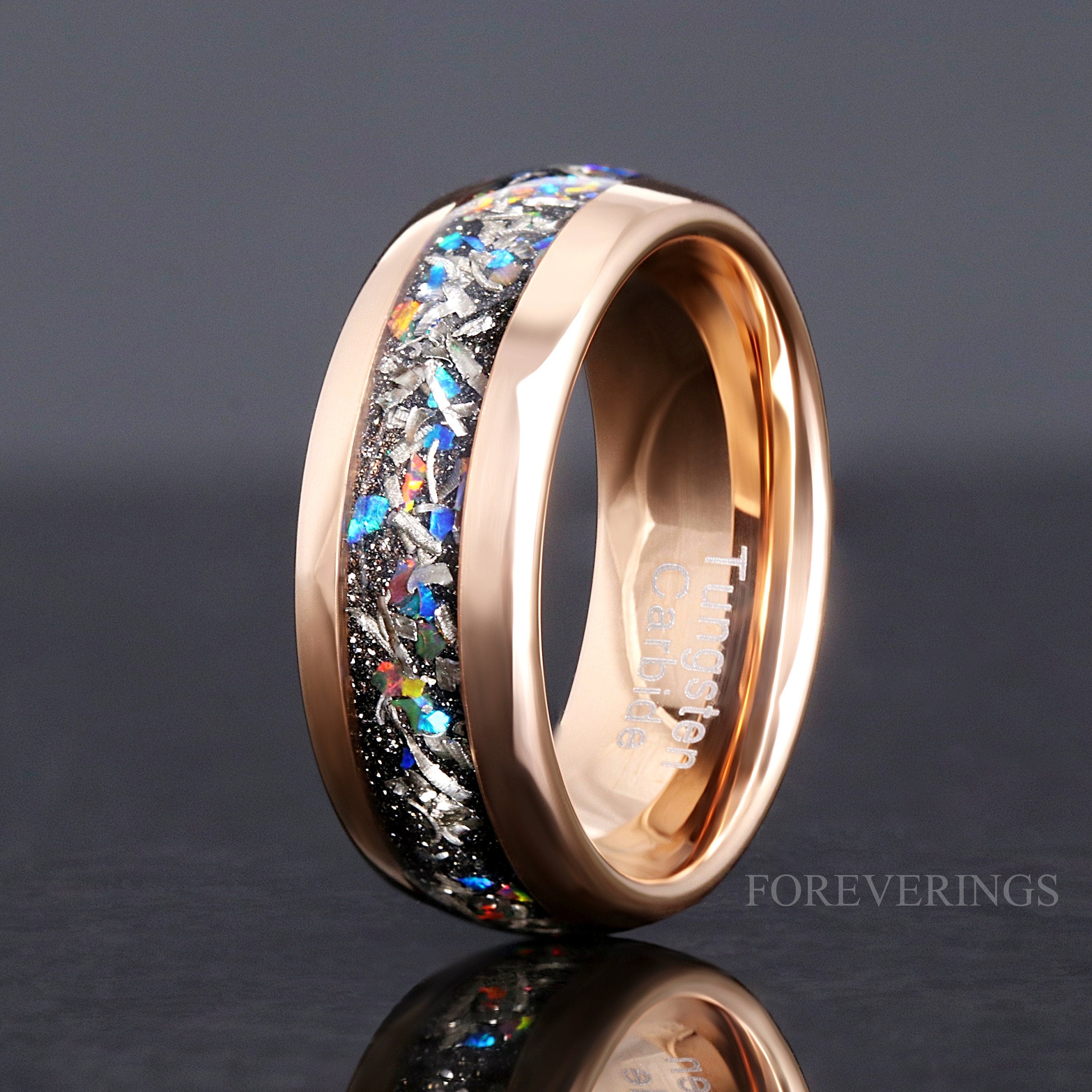 Meteorite and Galaxy Opal Wedding Band, 8mm Tungsten Ring, Rose Gold Plated, Polish, Dome, Comfort Fit, Birthday Anniversary Gift for Him