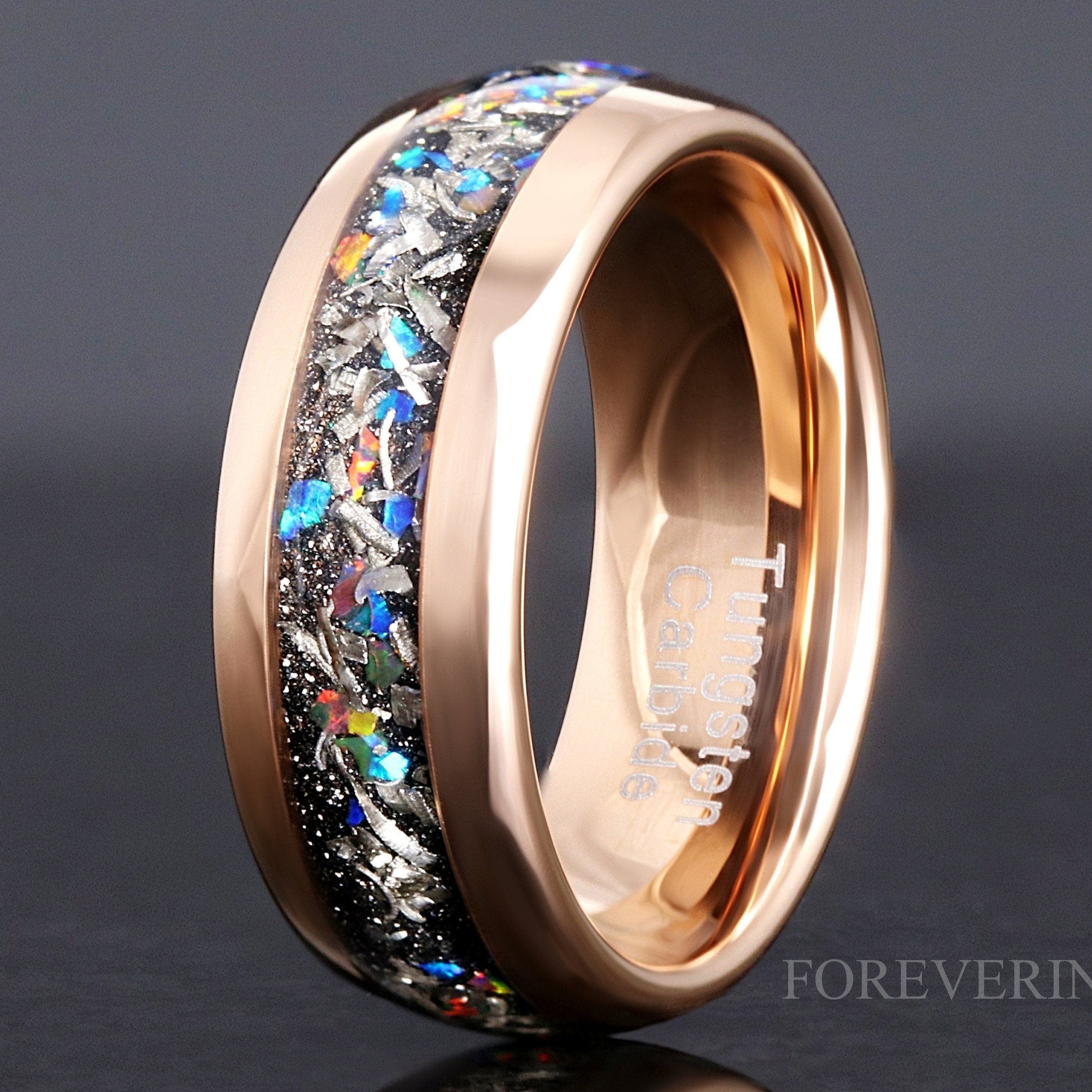 Meteorite and Galaxy Opal Wedding Band, 8mm Tungsten Ring, Rose Gold Plated, Polish, Dome, Comfort Fit, Birthday Anniversary Gift for Him