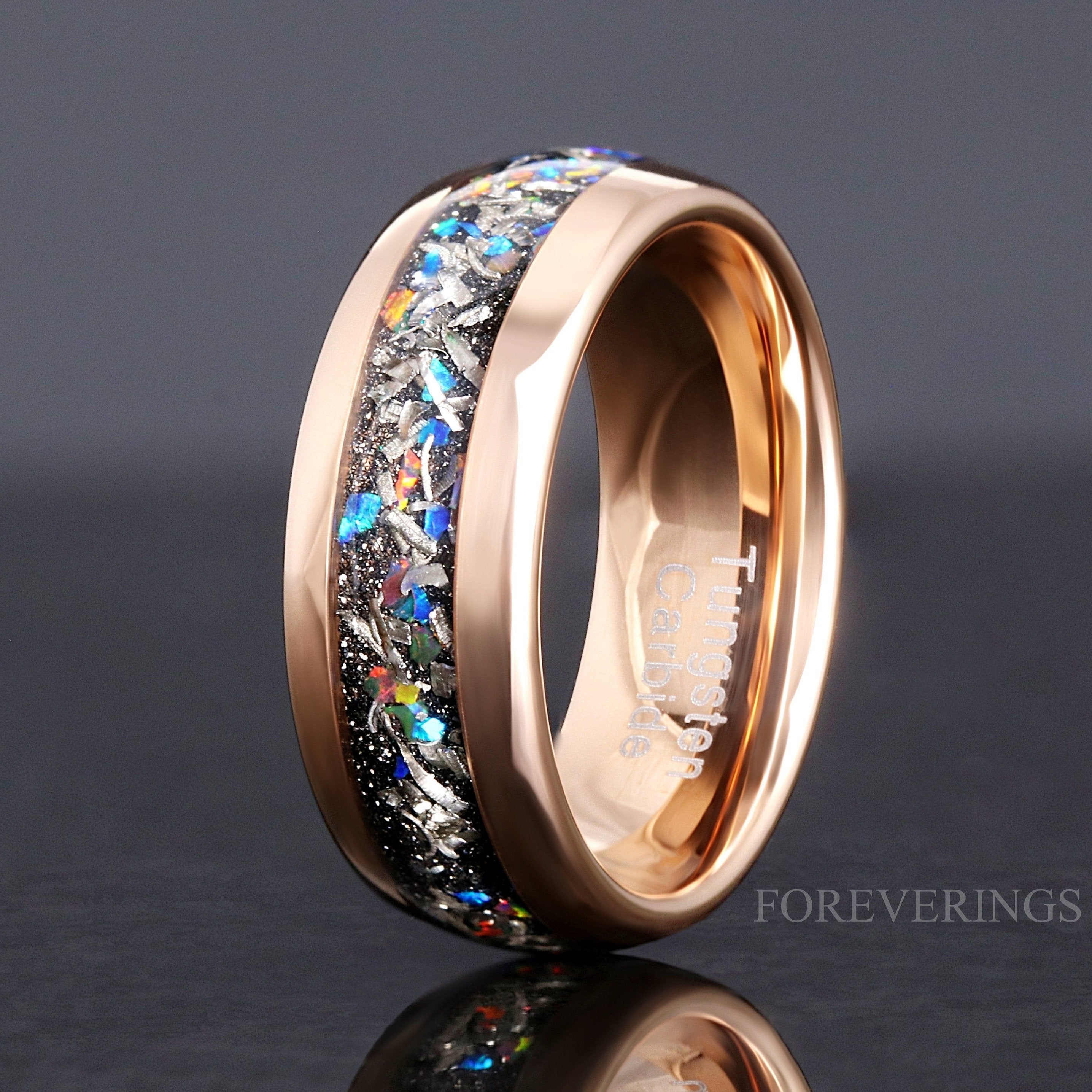 Meteorite and Galaxy Opal Wedding Band, 8mm Tungsten Ring, Rose Gold Plated, Polish, Dome, Comfort Fit, Birthday Anniversary Gift for Him