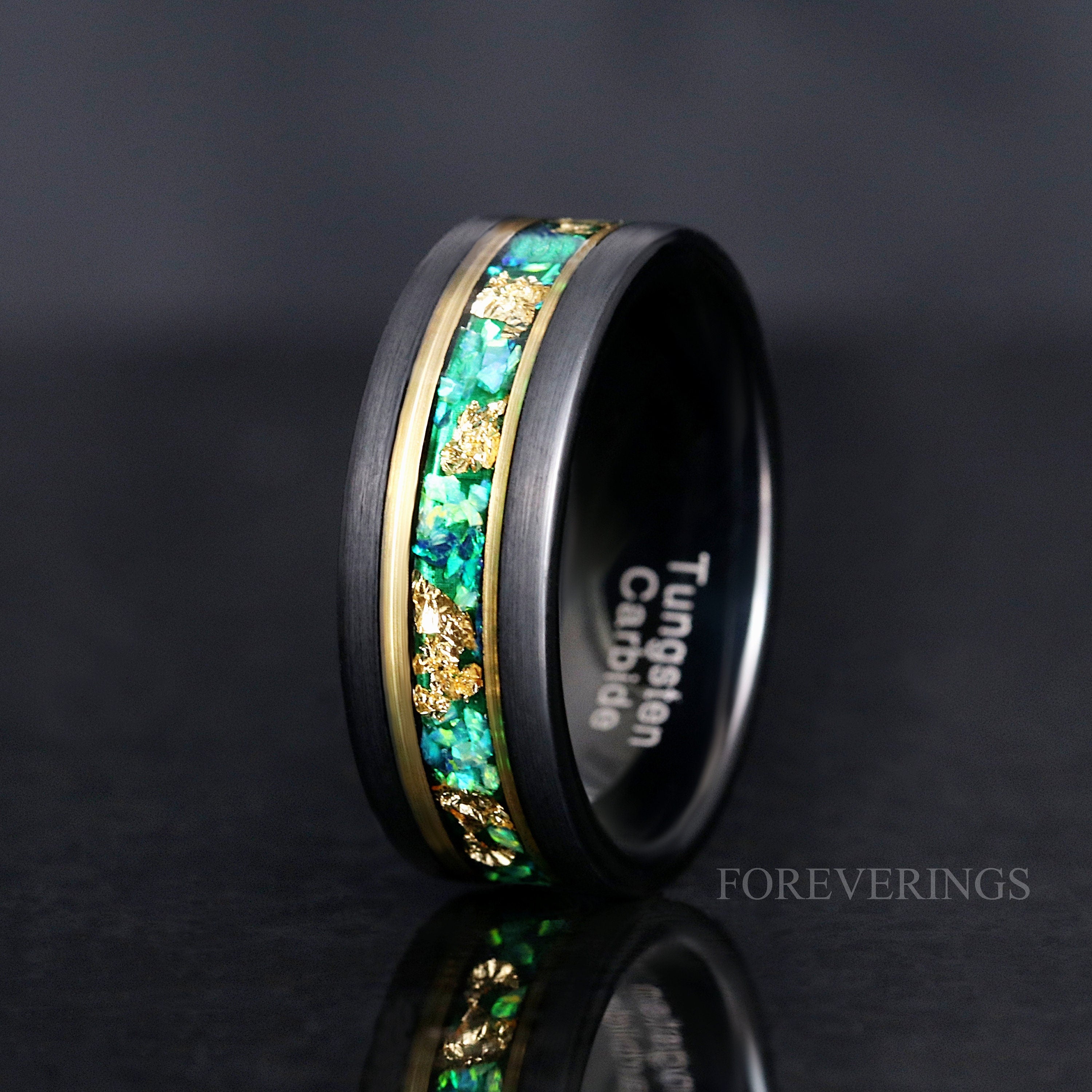 Mens Opal Ring, Emerald Wedding Band, Green and Gold, 8mm Black Tungsten Ring, Green Fire Opal, Men Gold Leaf Ring, Two Tone Ring, Engrave