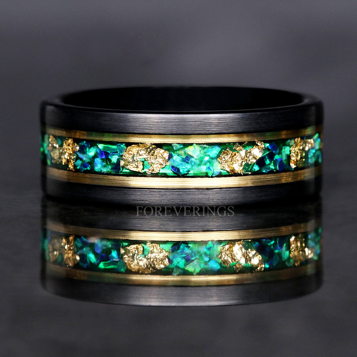 Green Opal Gold Leaf | Black & Gold Mens Tungsten Wedding Band