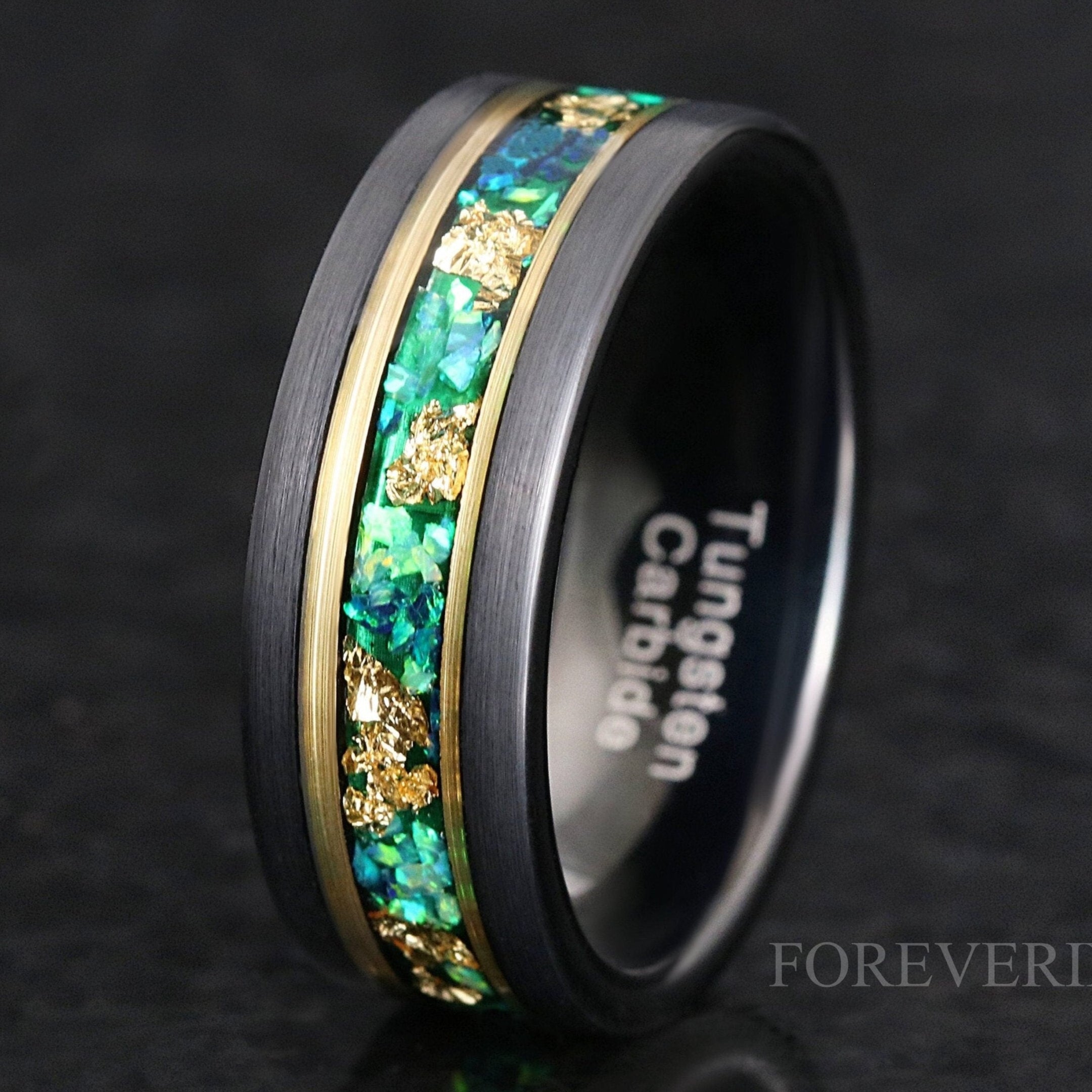 Mens Opal Ring, Emerald Wedding Band, Green and Gold, 8mm Black Tungsten Ring, Green Fire Opal, Men Gold Leaf Ring, Two Tone Ring, Engrave