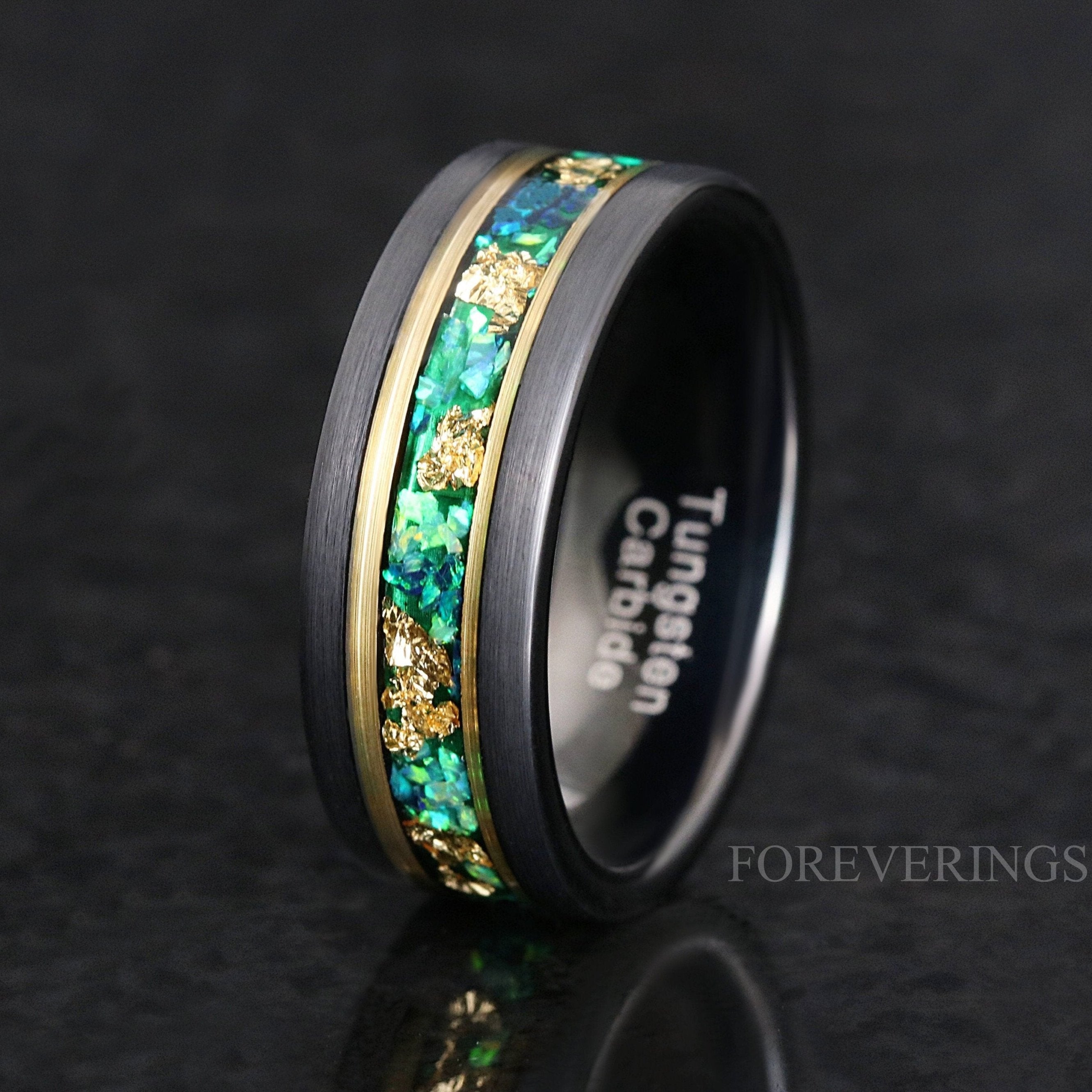 Mens Opal Ring, Emerald Wedding Band, Green and Gold, 8mm Black Tungsten Ring, Green Fire Opal, Men Gold Leaf Ring, Two Tone Ring, Engrave