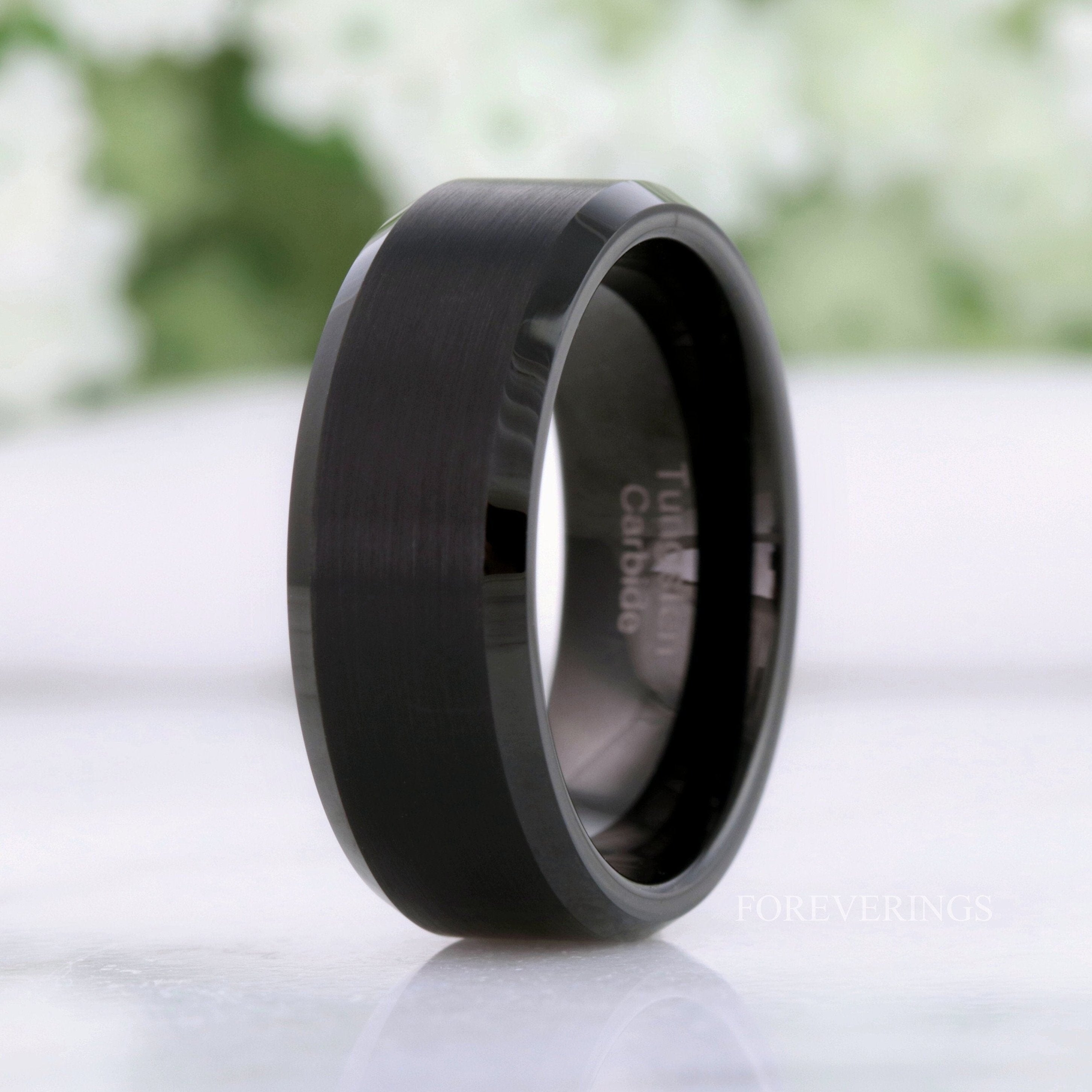 Flat Matte Black Mens Tungsten Ring, 8mm 6mm Mens Wedding Band, Simple Modern Custom Engraved Ring