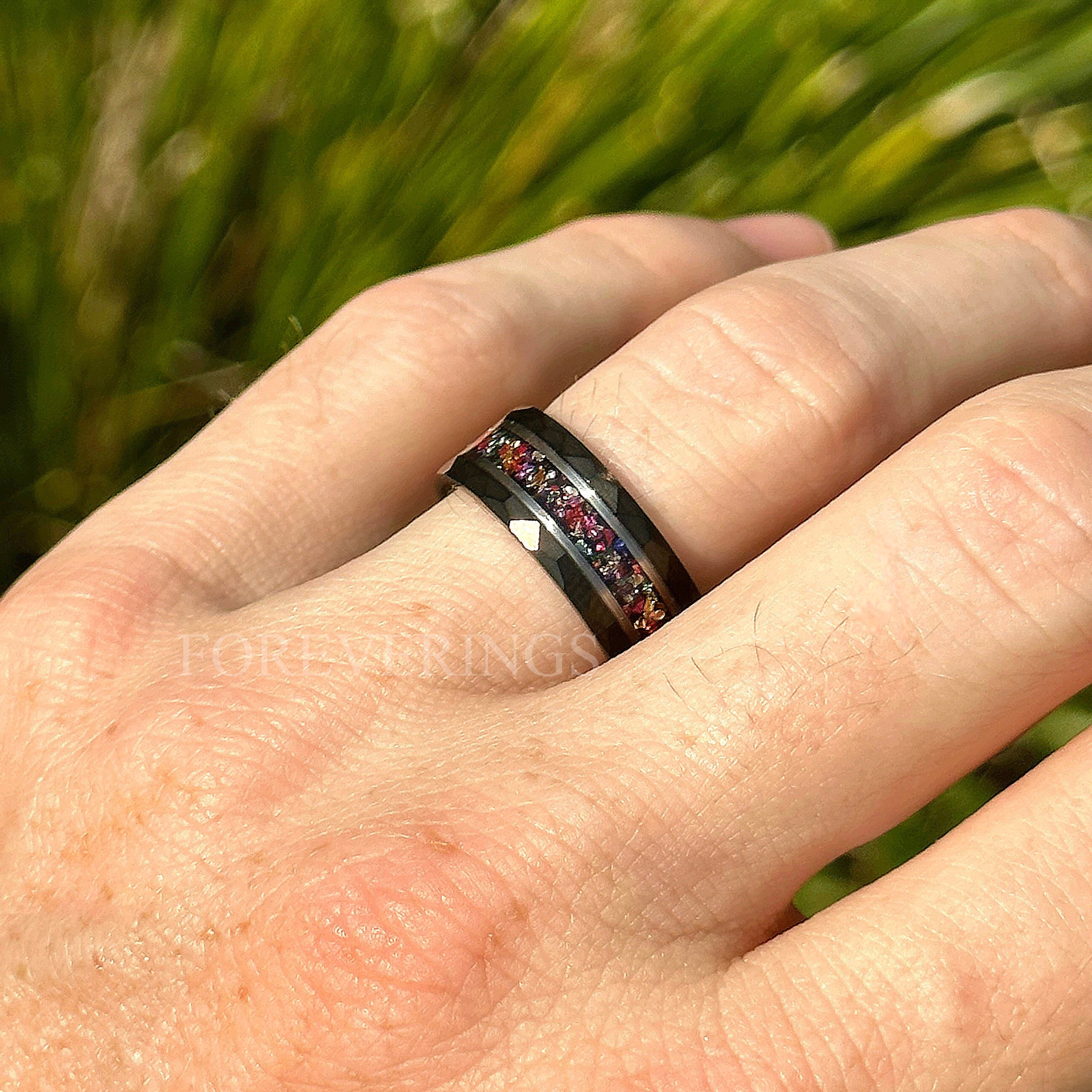 Hammered Ring Man, Black Tungsten Wedding Band, Two Tone Ring, Man Anniversary Gift, Promise Ring for Him, Man Gemstone Ring, Engraving