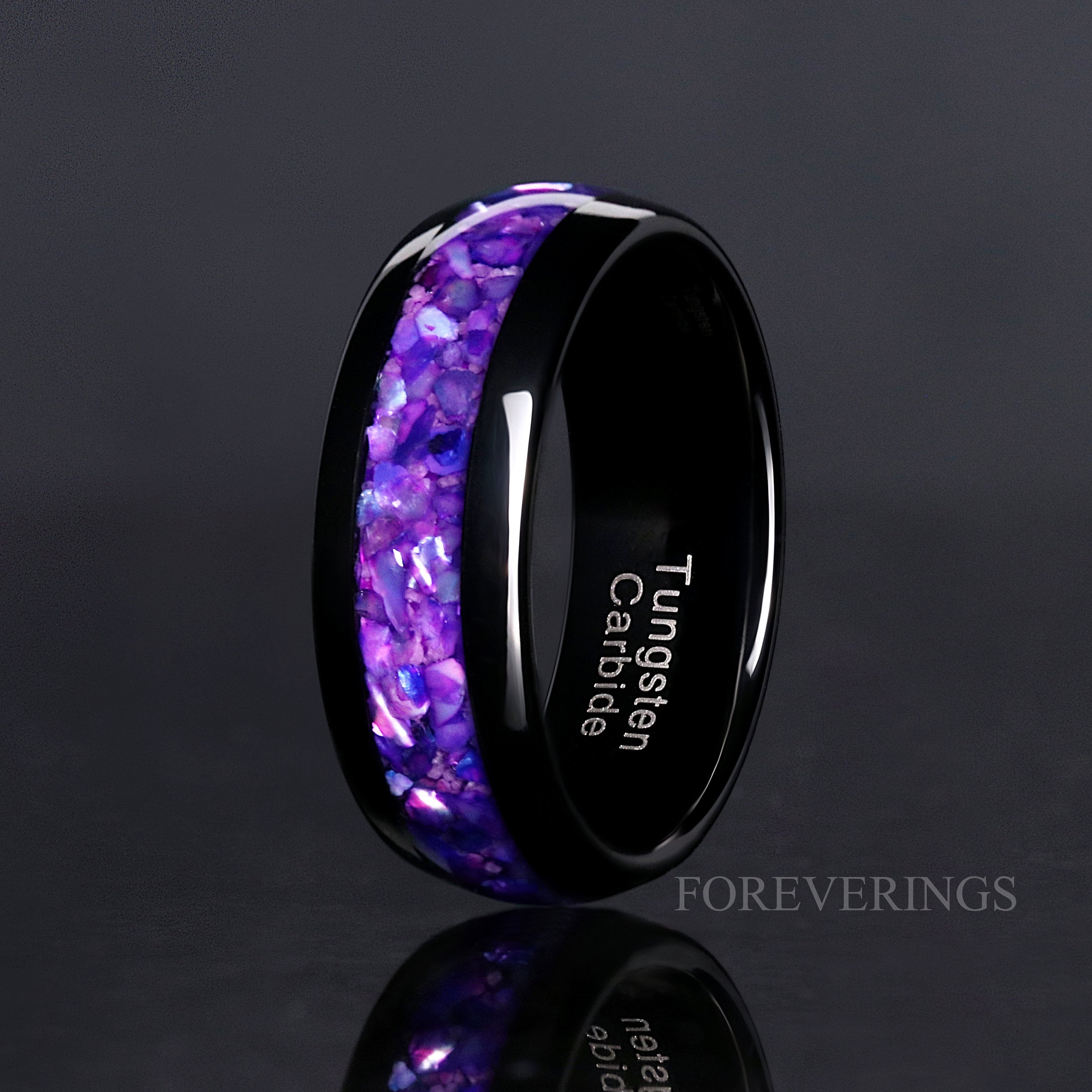 Purple Glow in the Dark Man Ring, Black Tungsten Ring, 8mm Mens Wedding Band, Polish Smooth, Unique Ring for Him, Ring Engraving