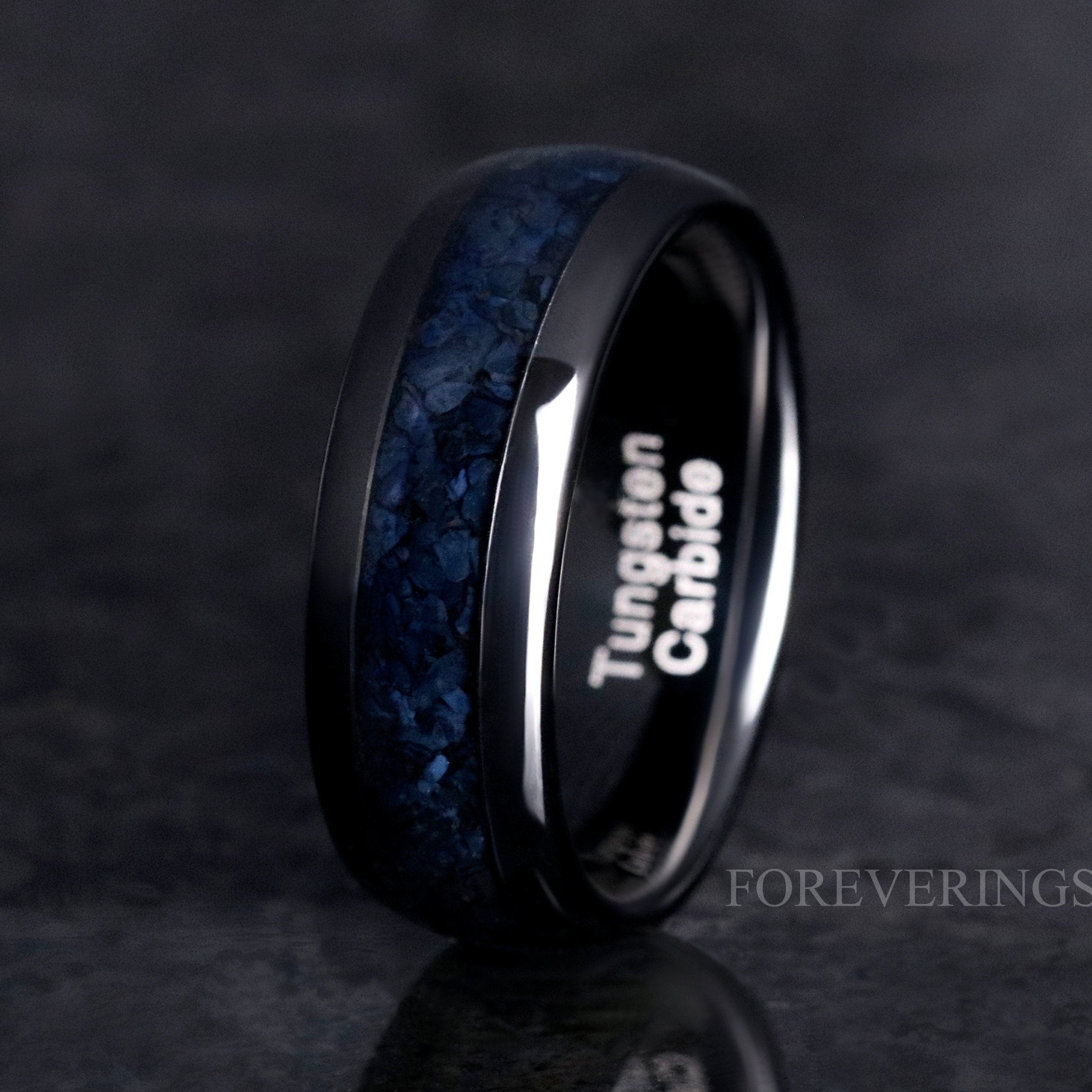 Black Onyx Modern Mens Wedding Band, 8mm Black Tungsten Ring, Crushed Black Onyx Ring, Polished, Dome, Unique Wedding Band, Ring Engraving