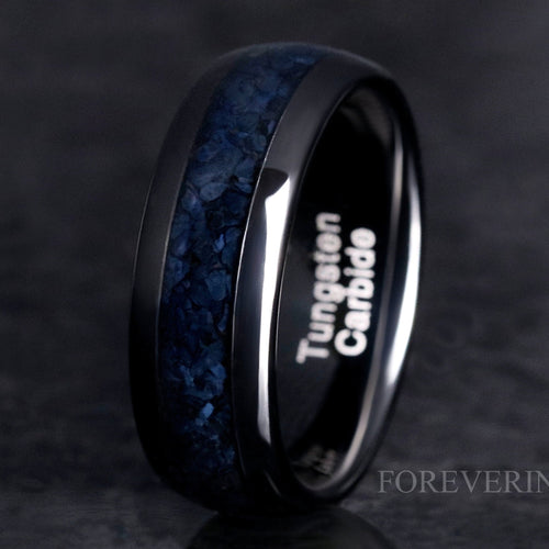 Men's 8mm black tungsten wedding ring with crushed black onyx inlay, polished dome