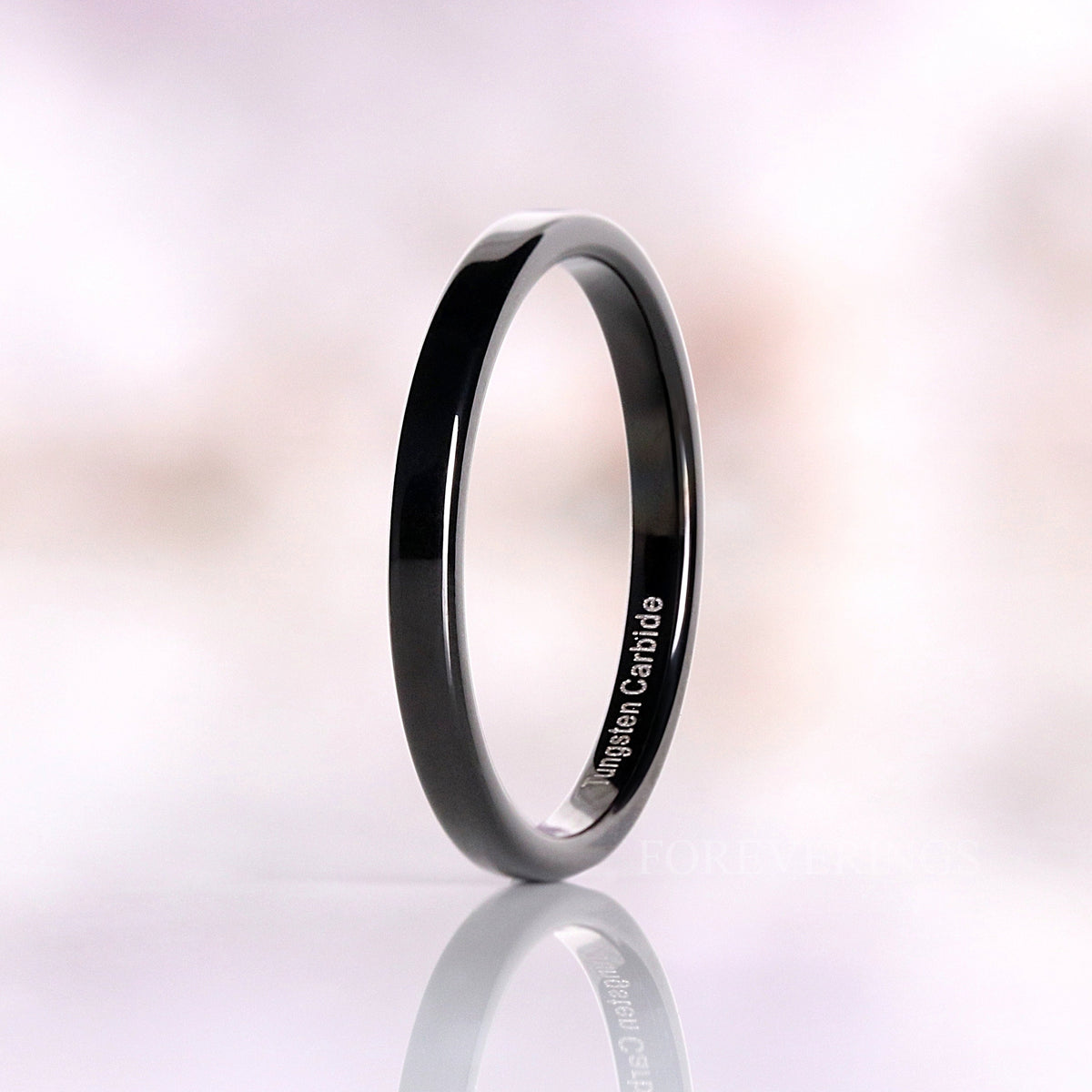 Thin Black Wedding Band – 2mm & 4mm Minimalist Tungsten Ring, Polished Flat Band for Men & Women, Ring Engraving