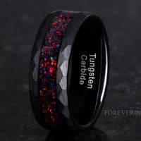 Black Opal Wedding Band | Crushed Fire Opal Hammered Tungsten