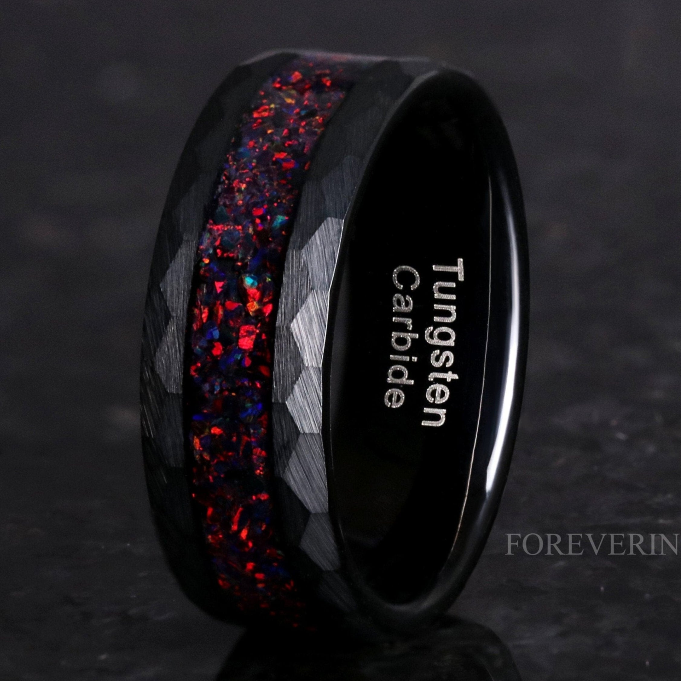 Mens Black Opal Ring, Black Hammered Tungsten Wedding Band, 8mm-6mm-4mm Crushed Black Fire Opal, Flat, Matte Brush, Man Woman Ring, Engrave