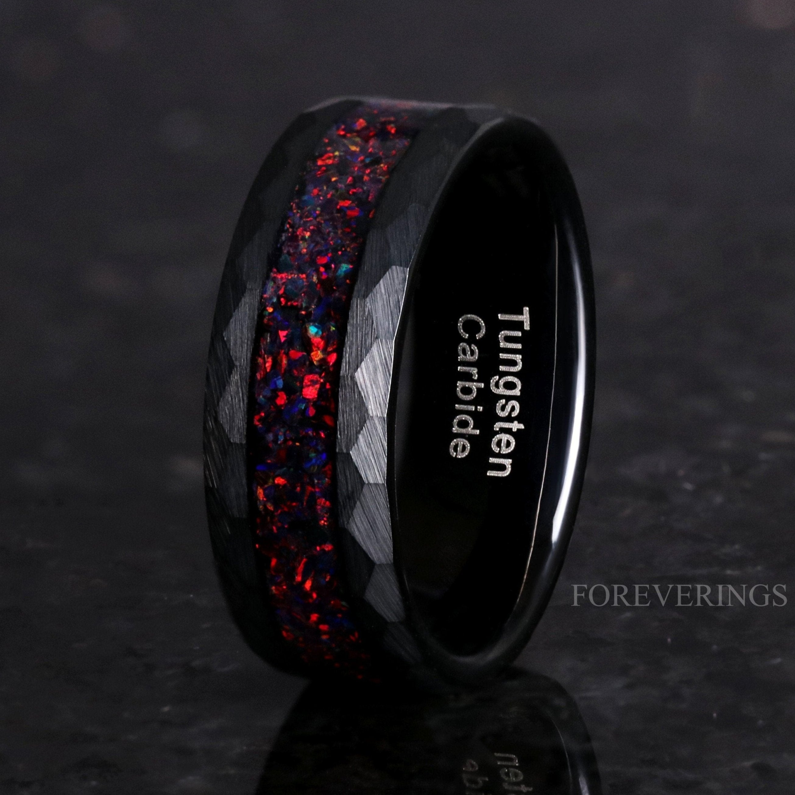 Mens Black Opal Ring, Black Hammered Tungsten Wedding Band, 8mm-6mm-4mm Crushed Black Fire Opal, Flat, Matte Brush, Man Woman Ring, Engrave