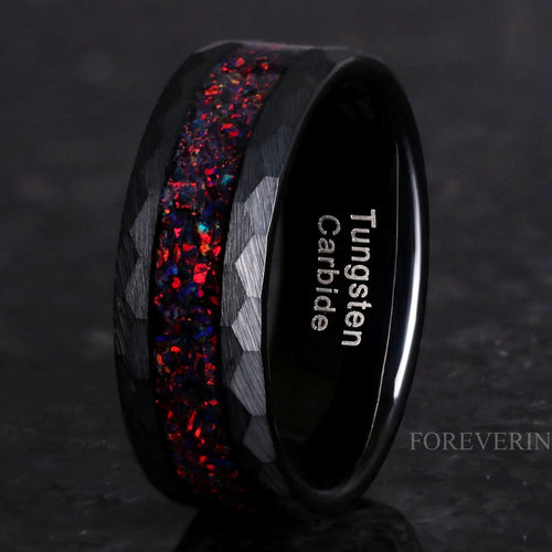 Black Opal Wedding Band | Crushed Fire Opal Hammered Tungsten