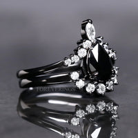 Black Onyx Ring Set, His and Hers Wedding Band, Couples Rings, His Black Tungsten and Her Black Rhodium 925 Silver Ring Set, Pear Cut