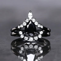 Black Onyx Ring Set, His and Hers Wedding Band, Couples Rings, His Black Tungsten and Her Black Rhodium 925 Silver Ring Set, Pear Cut