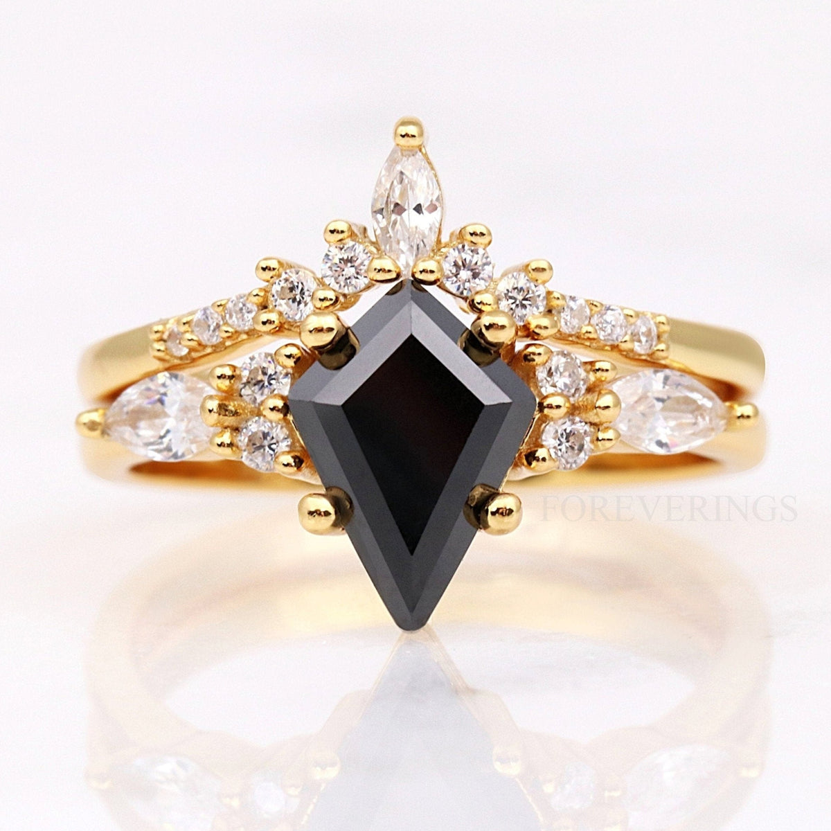 Black Onyx Ring Set, Kite Cut, 925 Sterling Silver Ring, Yellow Gold Plated Ring, Womens Wedding Ring Set, Birthday Anniversary Gift for Her