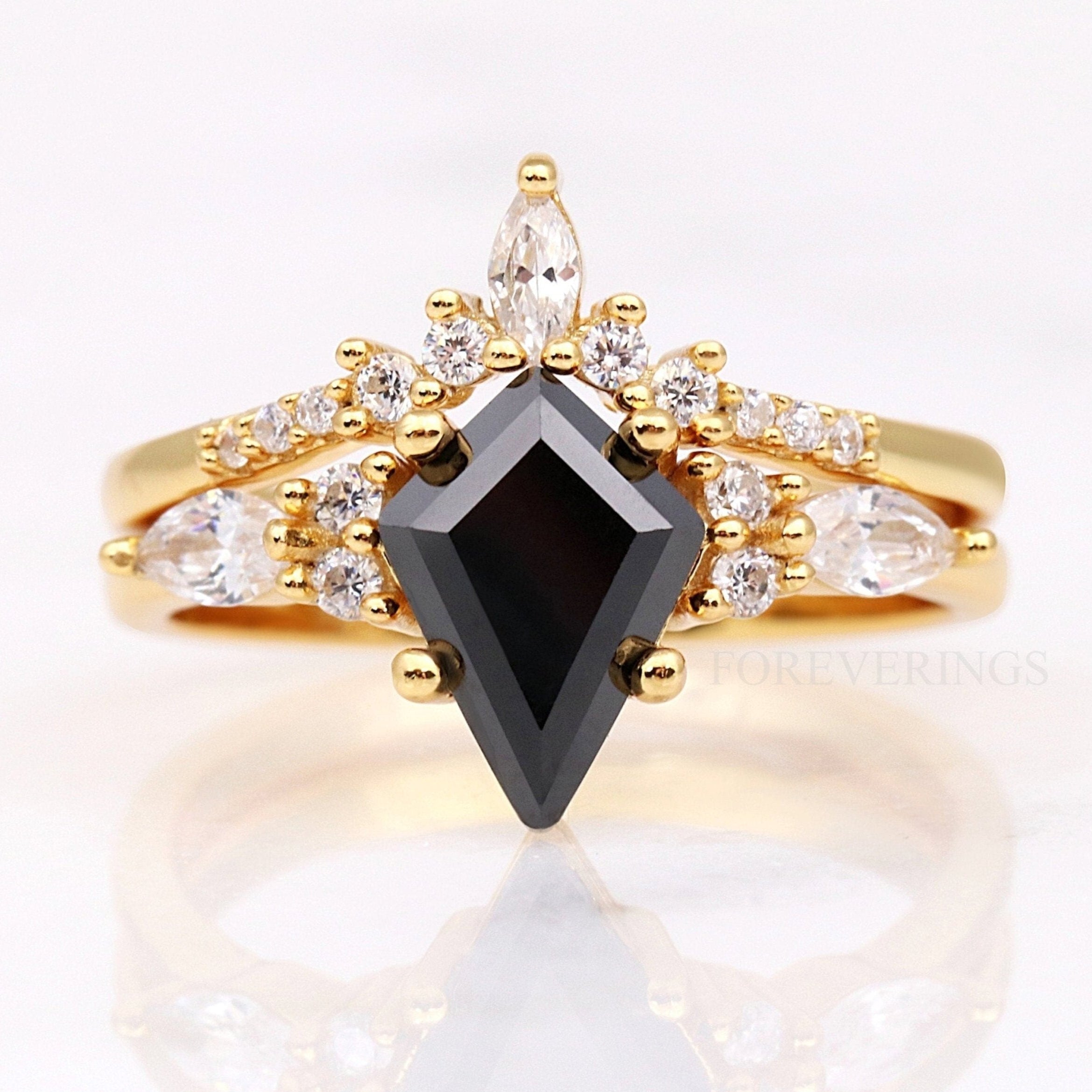 Black Onyx Ring Set, Kite Cut, 925 Sterling Silver Ring, Yellow Gold Plated Ring, Womens Wedding Ring Set, Birthday Anniversary Gift for Her