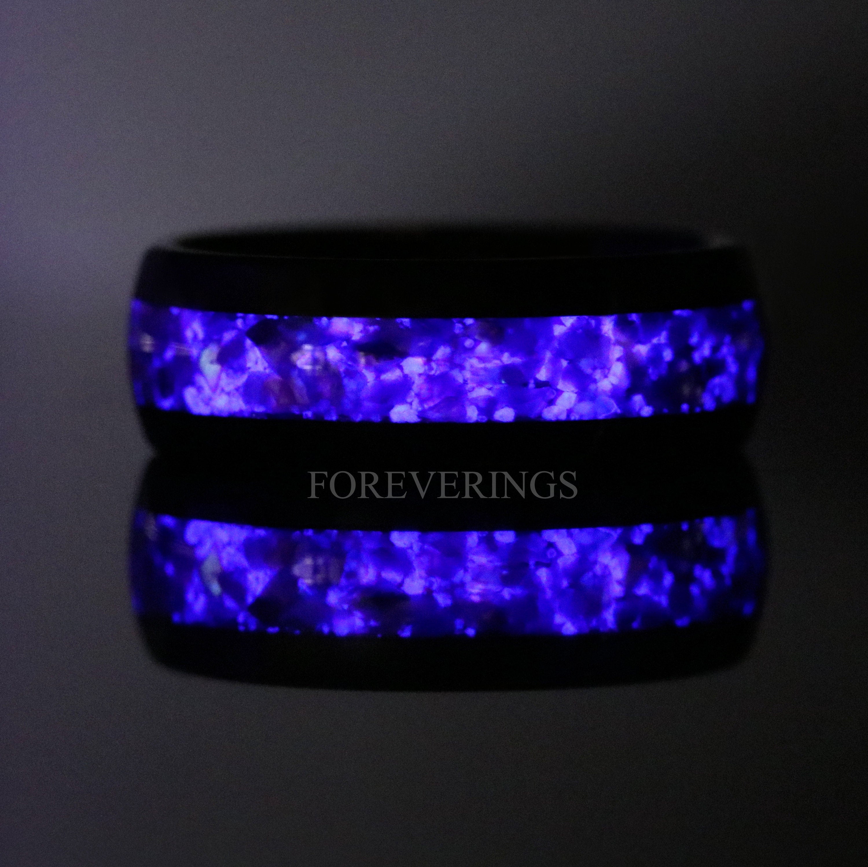 Purple Glow in the Dark Man Ring, Black Tungsten Ring, 8mm Mens Wedding Band, Polish Smooth, Unique Ring for Him, Ring Engraving