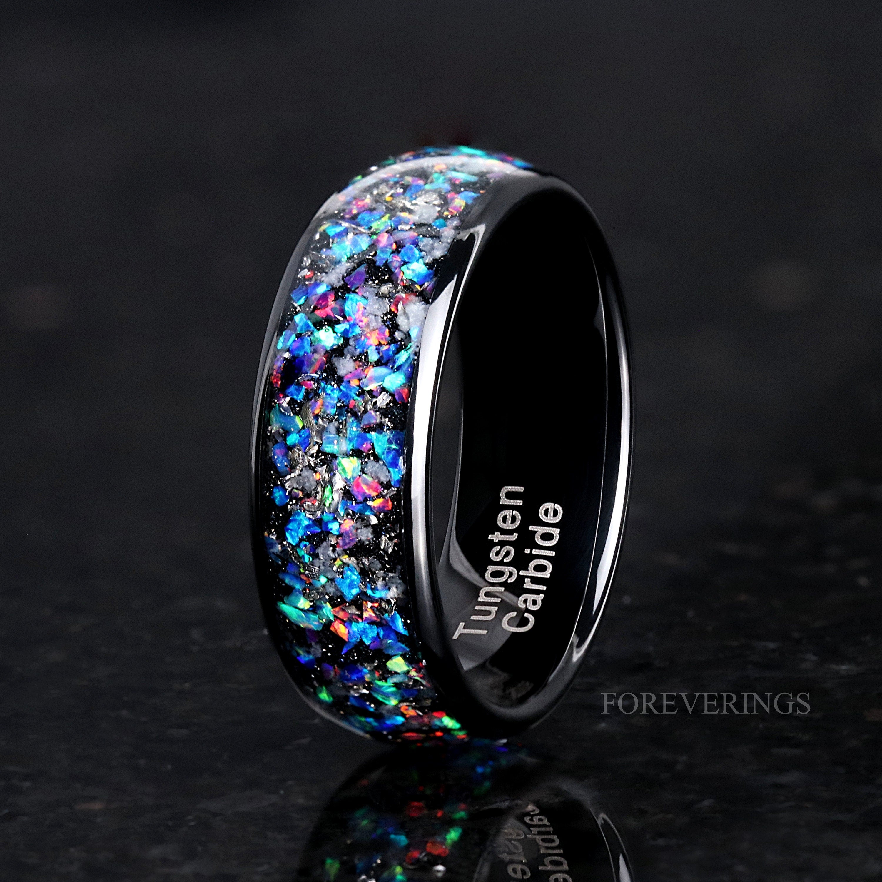 Glow Meteorite Opal Ring for Him, Glow in the Dark, Black Tungsten Ring, 8mm Mens Wedding Band, Blue Glowstone, Real Meteorite, Galaxy Opal