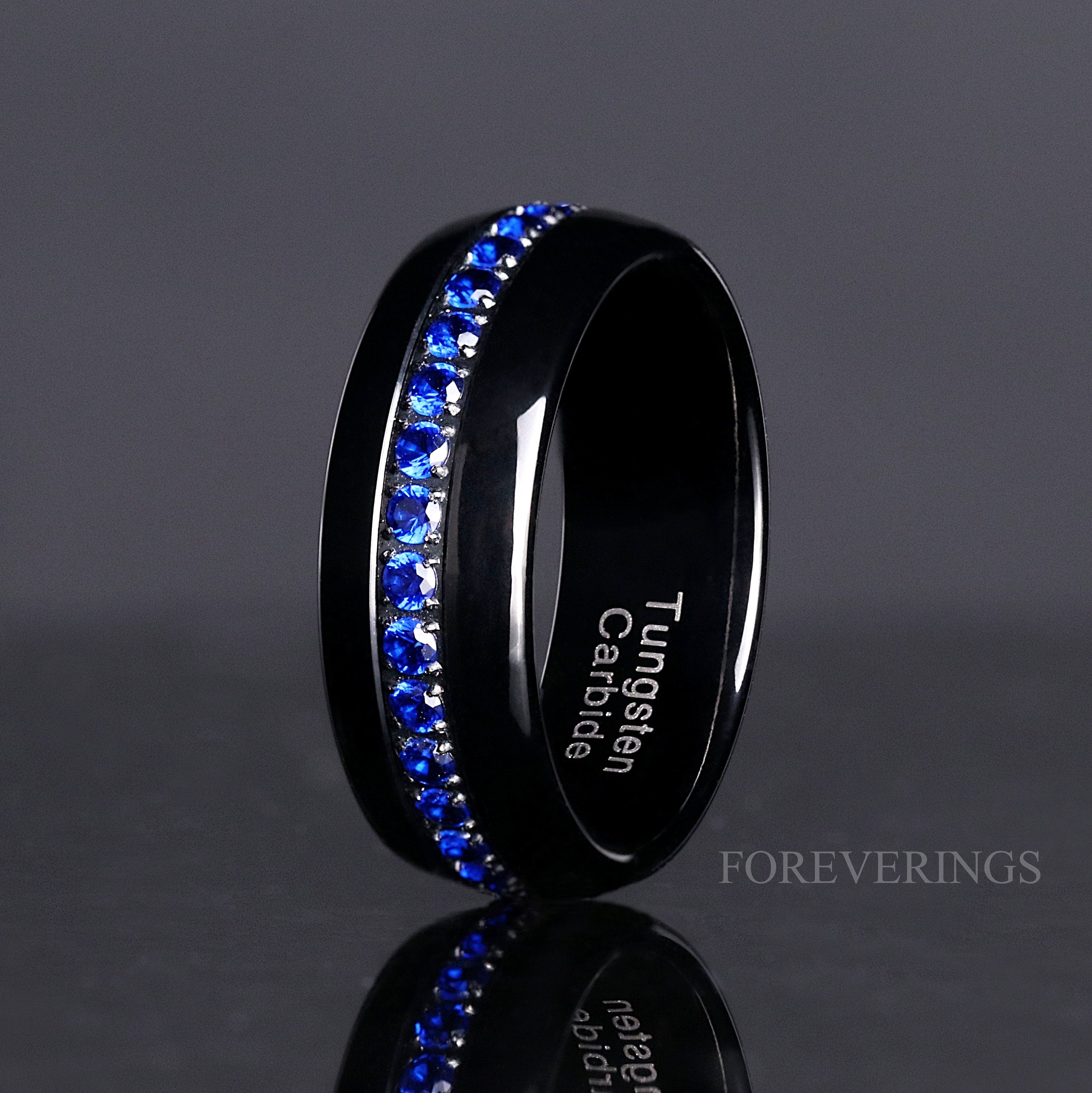 Orion Nebula Ring Sapphire, Mens Gemstone Wedding Band, Blue Sapphire Band, Unique Thin Blue Strip Ring, 8mm Tungsten Ring Engraving